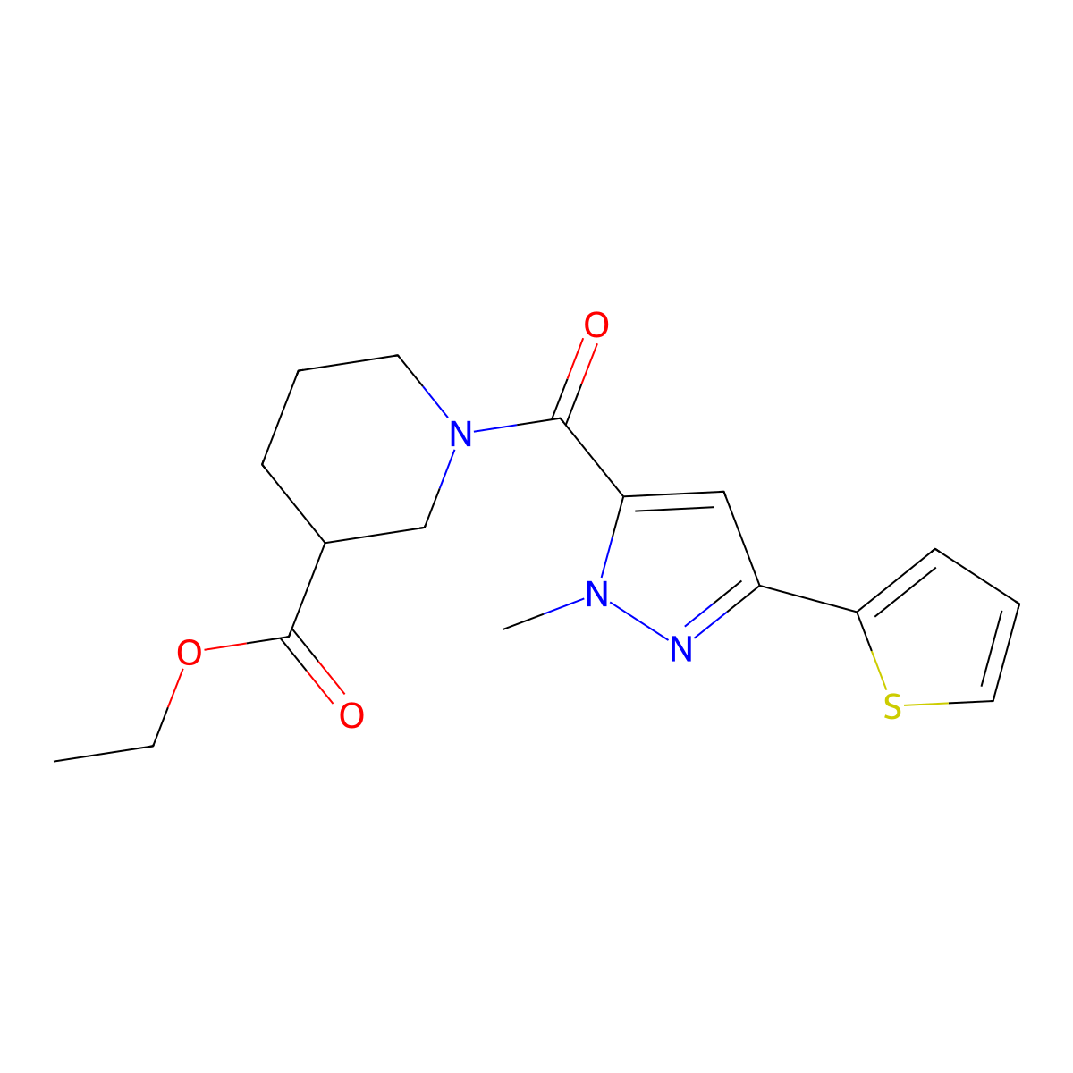 ethyl 1-(1-methyl-3-(thiophen-2-yl)-1H-pyrazole-5-carbonyl)piperidine-3-carboxylate molecular structure, CAS 1169998-28-0