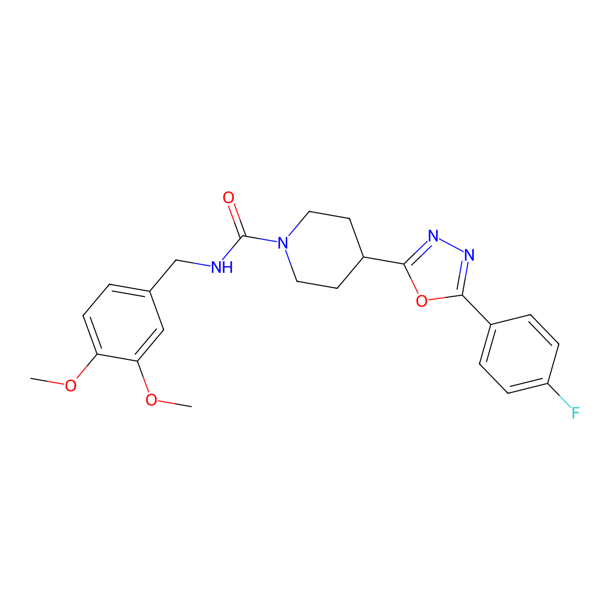 N-(3,4-dimethoxybenzyl)-4-(5-(4-fluorophenyl)-1,3,4-oxadiazol-2-yl)piperidine-1-carboxamide molecular structure, CAS 1169999-31-8