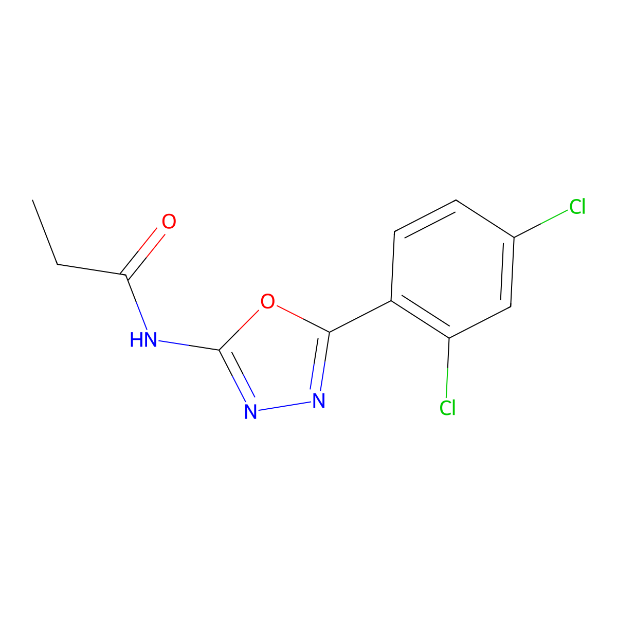 N-(5-(2,4-dichlorophenyl)-1,3,4-oxadiazol-2-yl)propionamide molecular structure, CAS 1169999-36-3
