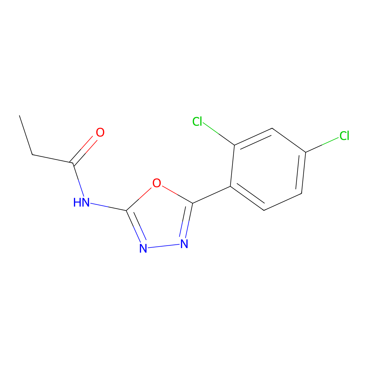 N-(5-(2,4-dichlorophenyl)-1,3,4-oxadiazol-2-yl)propionamide molecular structure, CAS 1169999-36-3