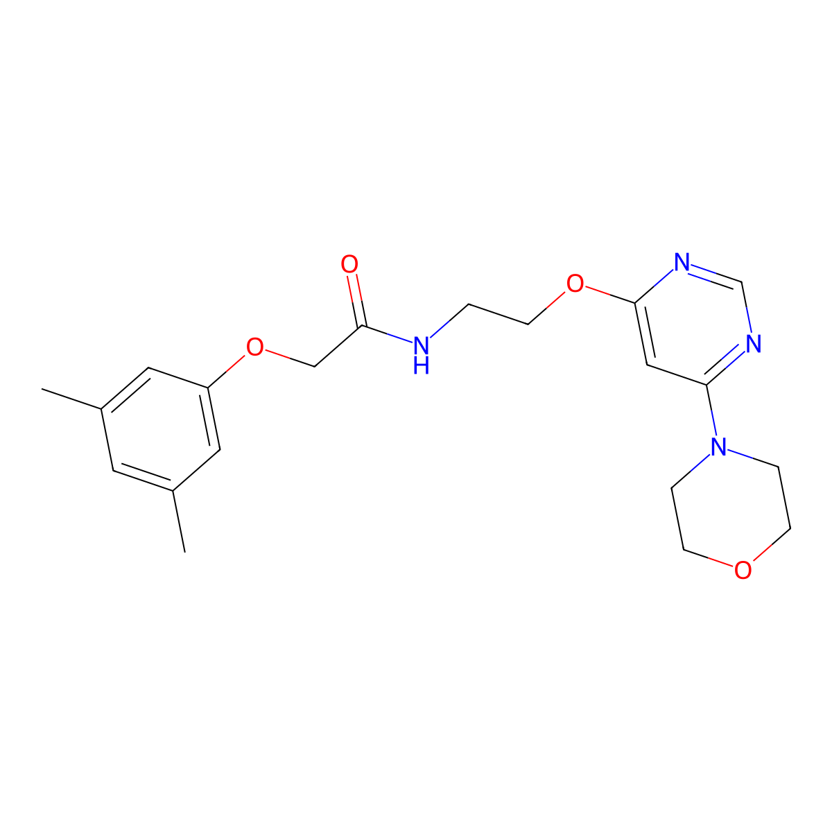 2-(3,5-dimethylphenoxy)-N-(2-((6-morpholinopyrimidin-4-yl)oxy)ethyl)acetamide molecular structure, CAS 1169999-67-0