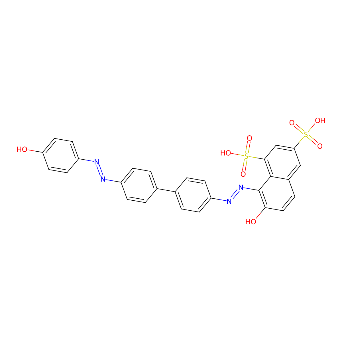 1,3-Naphthalenedisulfonic acid, 7-hydroxy-8-(2-(4'-(2-(4-hydroxyphenyl)diazenyl)(1,1'-biphenyl)-4-yl)diazenyl)- molecular structure, CAS 117-33-9