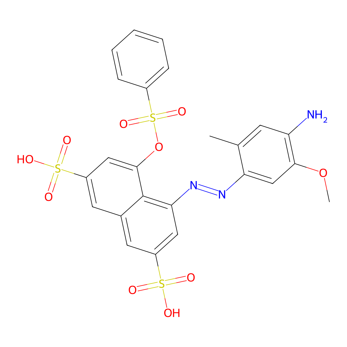 2,7-Naphthalenedisulfonic acid, 4-(2-(4-amino-5-methoxy-2-methylphenyl)diazenyl)-5-((phenylsulfonyl)oxy)- molecular structure, CAS 117-44-2