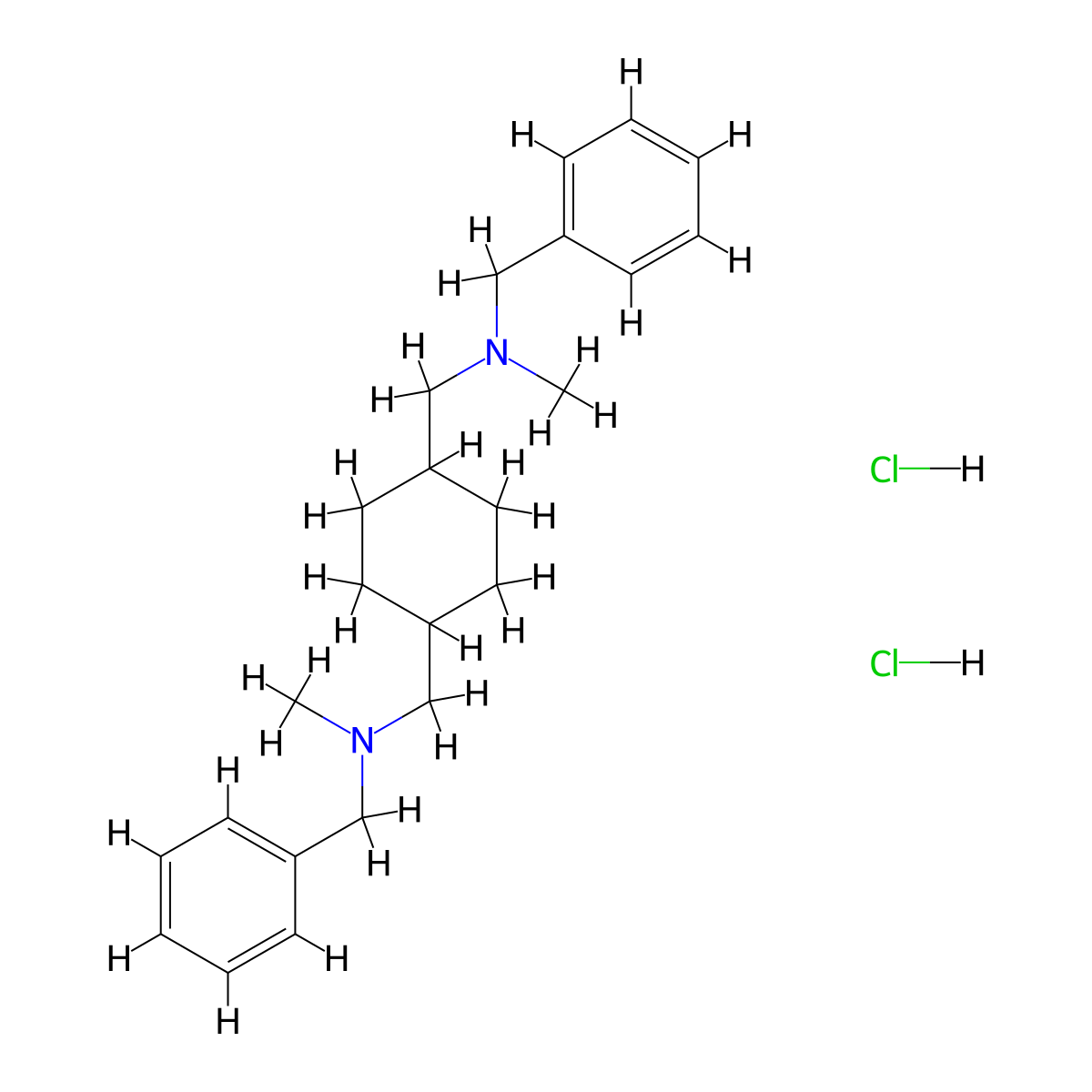 1,4-Cyclohexanebis(methylamine), N,N'-dibenzyl-N,N'-dimethyl-, dihydrochloride, (E)- molecular structure, CAS 1170-80-5