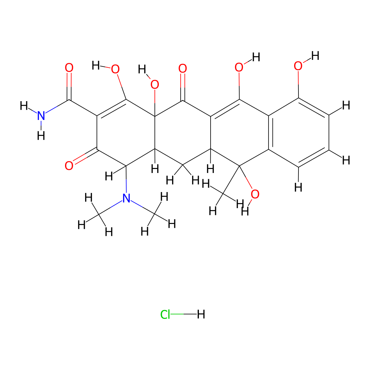 [4S-(4a,4a-a,5a-a,6b,12a-a]-4-(Dimethylamino)-1,4,4a,5,5a,6,11,12a-octahydro-3,6,10,12,12a-pentahydroxy-6-methyl-1,11-dioxo-2-naphthacenecarboxamide hydrochloride molecular structure, CAS 1170-81-6
