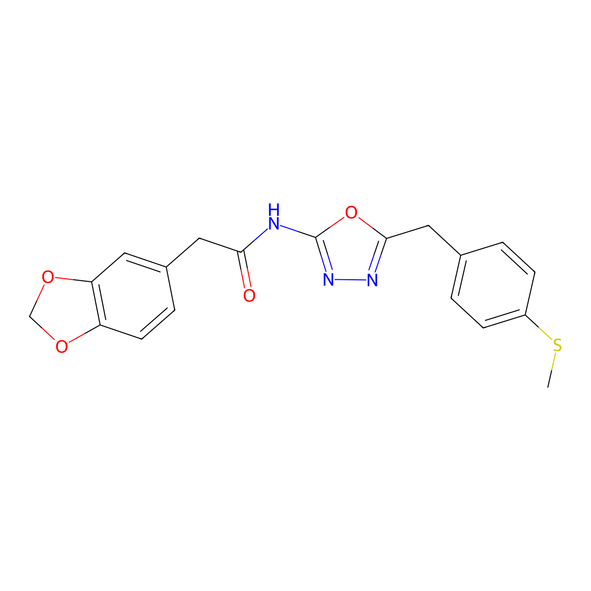 2-(benzo[d][1,3]dioxol-5-yl)-N-(5-(4-(methylthio)benzyl)-1,3,4-oxadiazol-2-yl)acetamide molecular structure, CAS 1170000-96-0