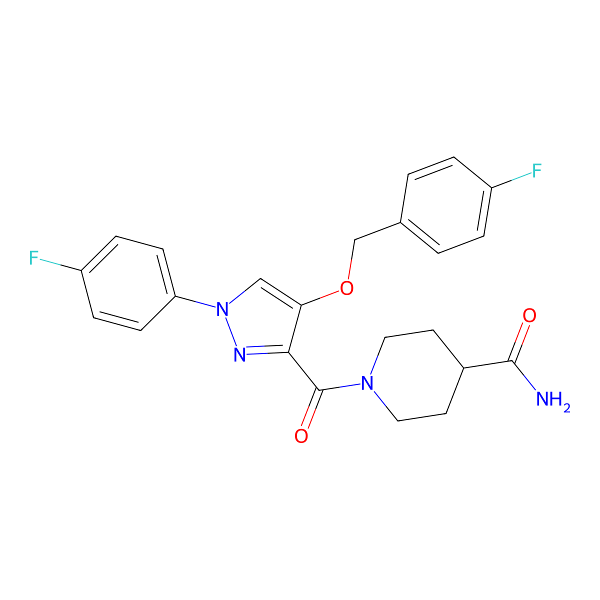 1-(4-((4-fluorobenzyl)oxy)-1-(4-fluorophenyl)-1H-pyrazole-3-carbonyl)piperidine-4-carboxamide molecular structure, CAS 1170001-33-8