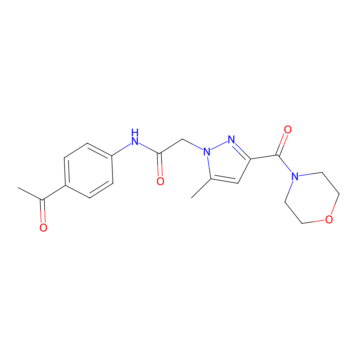 N-(4-acetylphenyl)-2-(5-methyl-3-(morpholine-4-carbonyl)-1H-pyrazol-1-yl)acetamide molecular structure, CAS 1170003-09-4