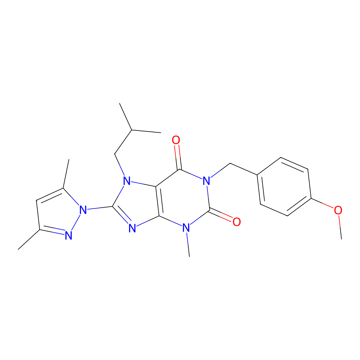8-(3,5-dimethyl-1H-pyrazol-1-yl)-7-isobutyl-1-(4-methoxybenzyl)-3-methyl-1H-purine-2,6(3H,7H)-dione molecular structure, CAS 1170003-23-2