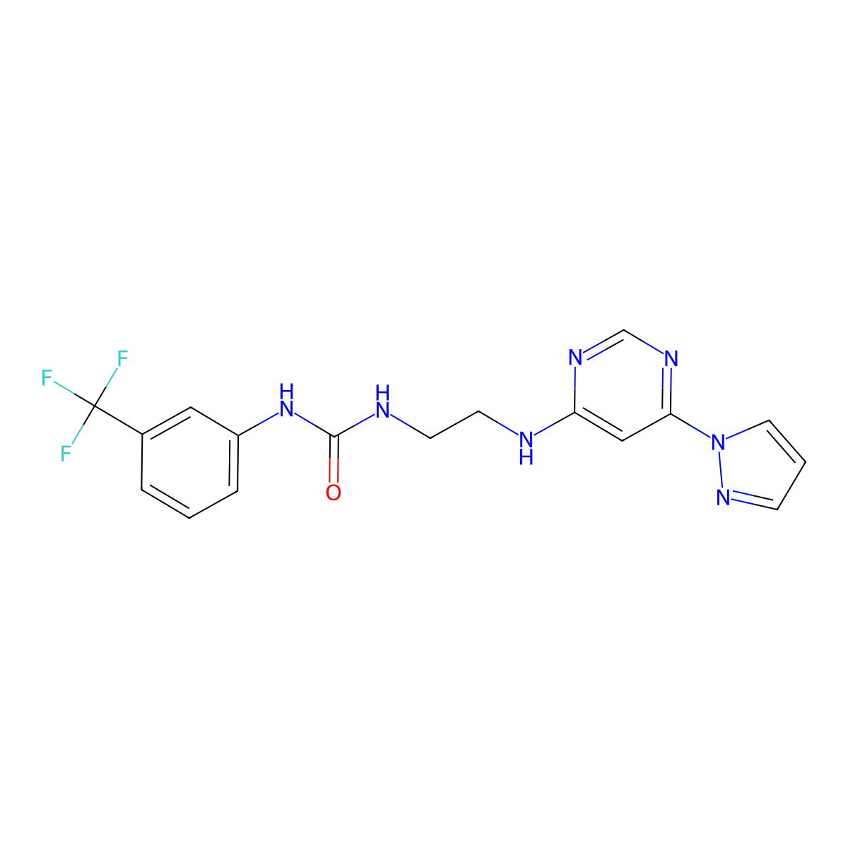 3-(2-{[6-(1H-pyrazol-1-yl)pyrimidin-4-yl]amino}ethyl)-1-[3-(trifluoromethyl)phenyl]urea molecular structure, CAS 1170003-99-2