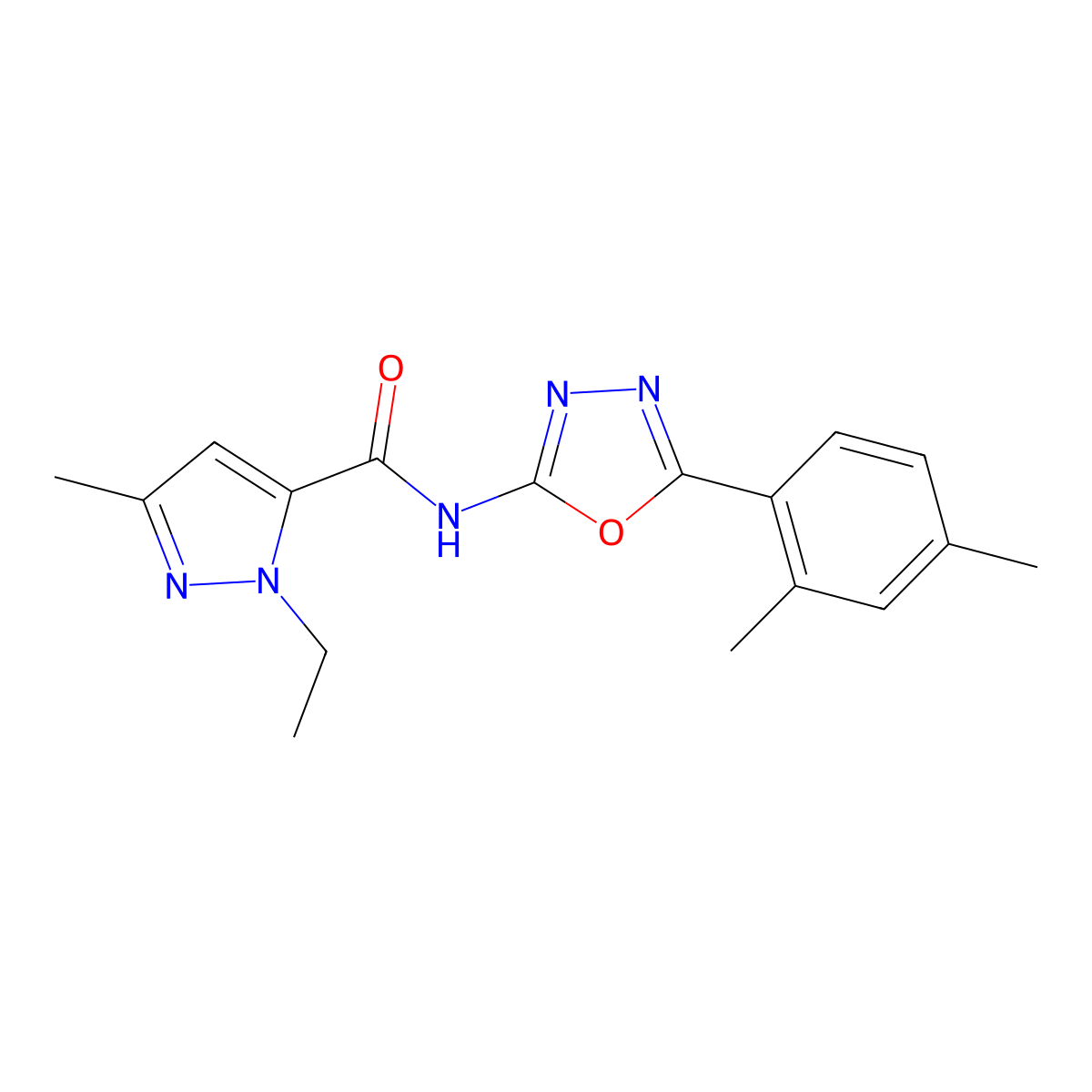 N-[5-(2,4-dimethylphenyl)-1,3,4-oxadiazol-2-yl]-1-ethyl-3-methyl-1H-pyrazole-5-carboxamide molecular structure, CAS 1170004-22-4