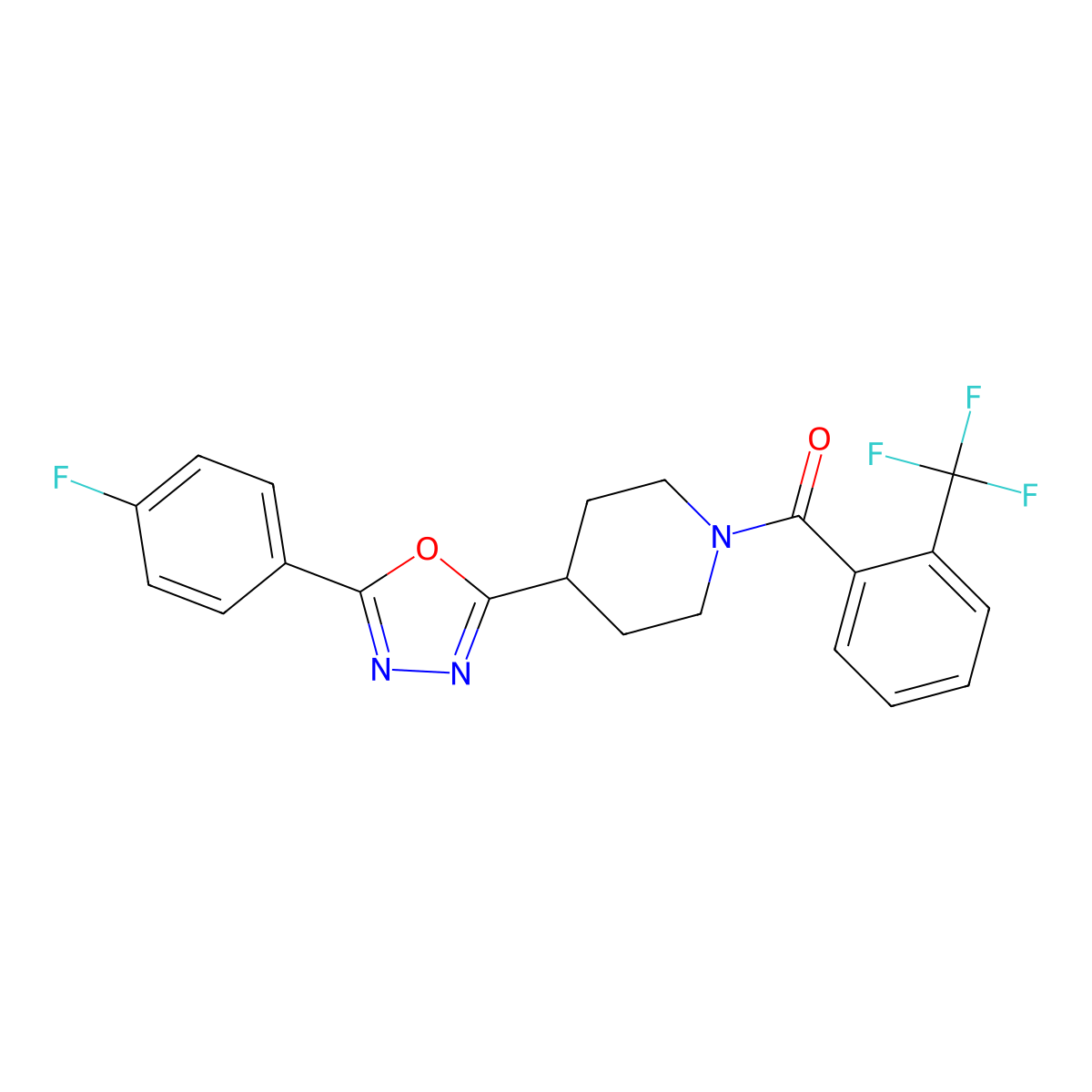 (4-(5-(4-Fluorophenyl)-1,3,4-oxadiazol-2-yl)piperidin-1-yl)(2-(trifluoromethyl)phenyl)methanone molecular structure, CAS 1170004-67-7