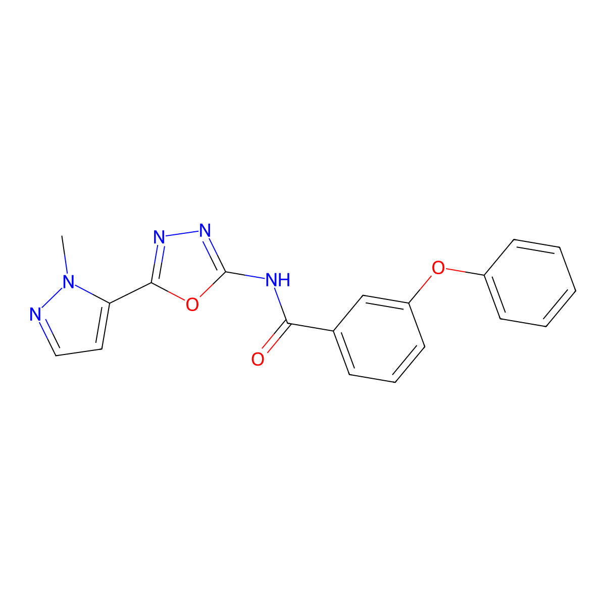 N-(5-(1-methyl-1H-pyrazol-5-yl)-1,3,4-oxadiazol-2-yl)-3-phenoxybenzamide molecular structure, CAS 1170008-14-6