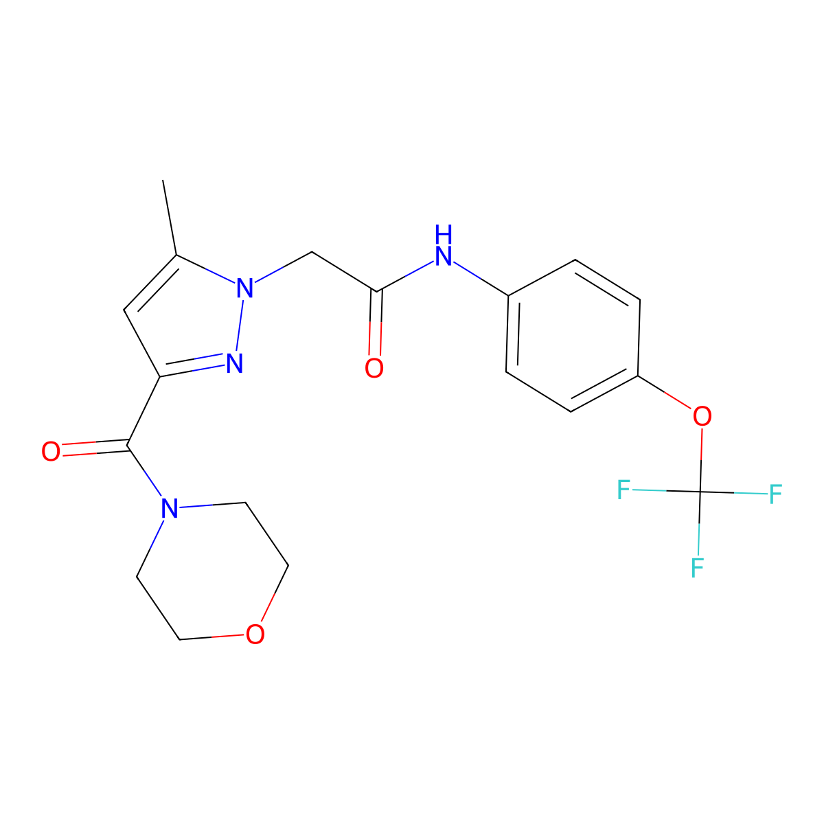 2-(5-methyl-3-(morpholine-4-carbonyl)-1H-pyrazol-1-yl)-N-(4-(trifluoromethoxy)phenyl)acetamide molecular structure, CAS 1170017-26-1