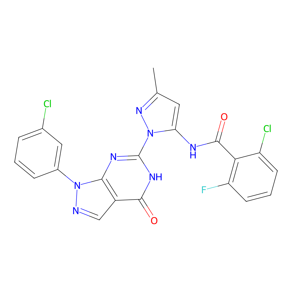 2-chloro-N-(1-(1-(3-chlorophenyl)-4-oxo-4,5-dihydro-1H-pyrazolo[3,4-d]pyrimidin-6-yl)-3-methyl-1H-pyrazol-5-yl)-6-fluorobenzamide molecular structure, CAS 1170017-49-8