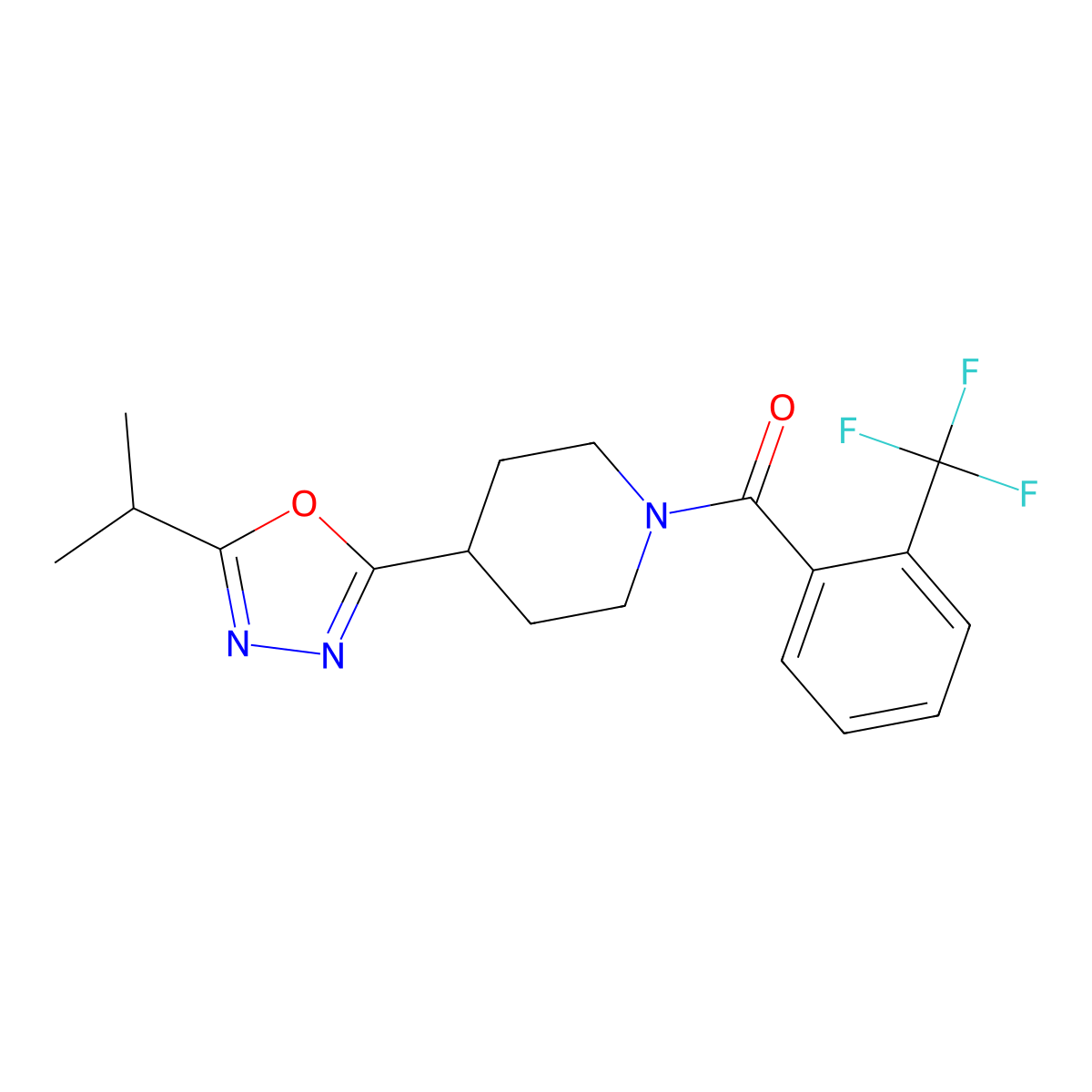 (4-(5-Isopropyl-1,3,4-oxadiazol-2-yl)piperidin-1-yl)(2-(trifluoromethyl)phenyl)methanone molecular structure, CAS 1170021-19-8