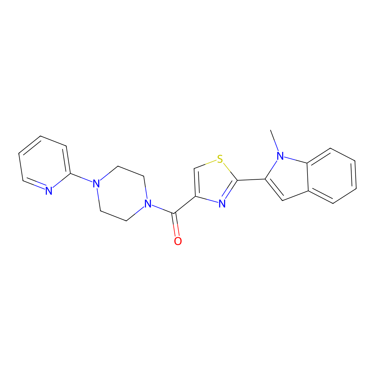 (2-(1-methyl-1H-indol-2-yl)thiazol-4-yl)(4-(pyridin-2-yl)piperazin-1-yl)methanone molecular structure, CAS 1170025-89-4