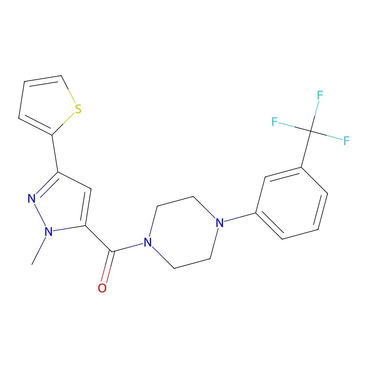 (1-methyl-3-(thiophen-2-yl)-1H-pyrazol-5-yl)(4-(3-(trifluoromethyl)phenyl)piperazin-1-yl)methanone molecular structure, CAS 1170027-75-4