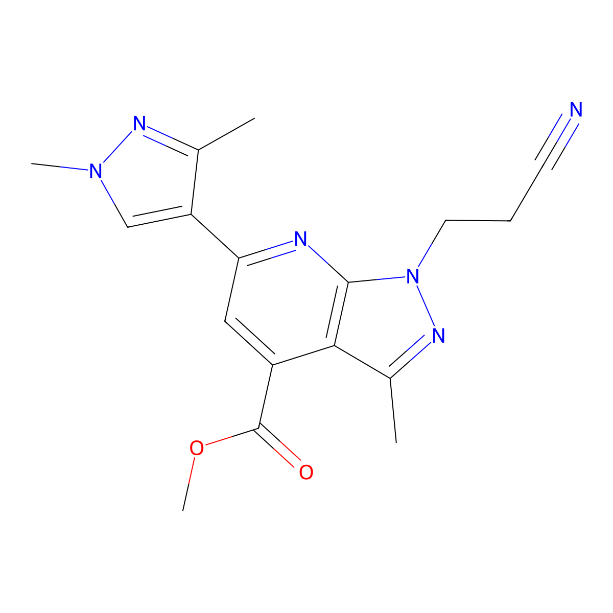 methyl 1-(2-cyanoethyl)-6-(1,3-dimethyl-1H-pyrazol-4-yl)-3-methyl-1H-pyrazolo[3,4-b]pyridine-4-carboxylate molecular structure, CAS 1170028-14-4