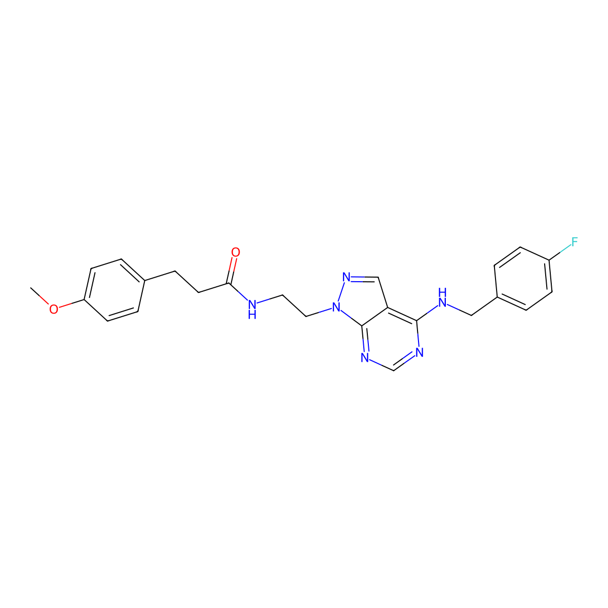 N-(2-(4-((4-fluorobenzyl)amino)-1H-pyrazolo[3,4-d]pyrimidin-1-yl)ethyl)-3-(4-methoxyphenyl)propanamide molecular structure, CAS 1170030-03-1