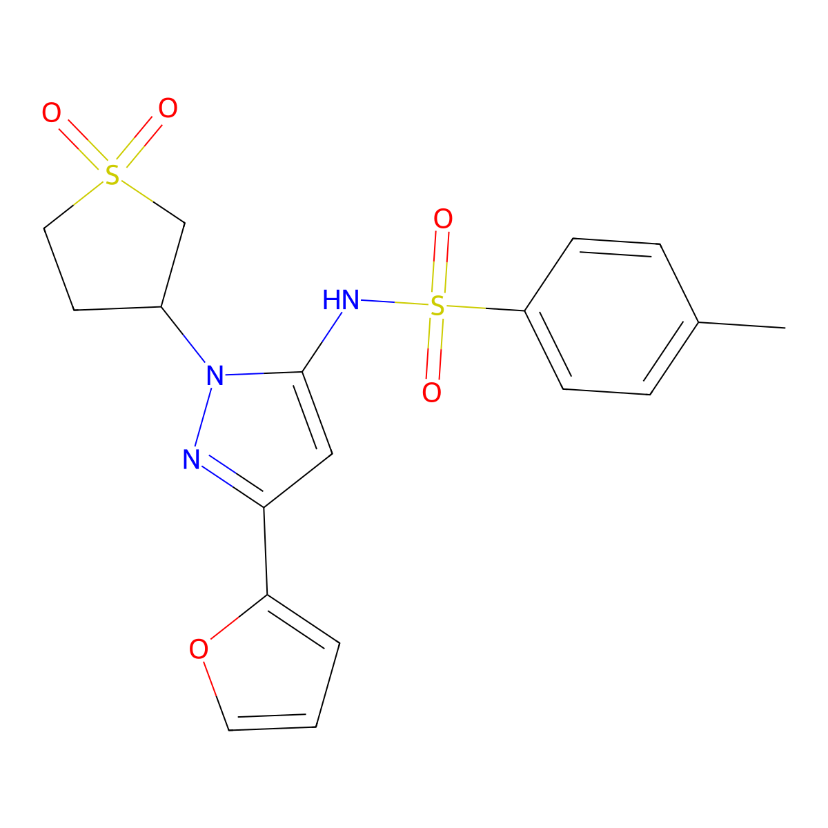 N-(1-(1,1-dioxidotetrahydrothiophen-3-yl)-3-(furan-2-yl)-1H-pyrazol-5-yl)-4-methylbenzenesulfonamide molecular structure, CAS 1170030-56-4