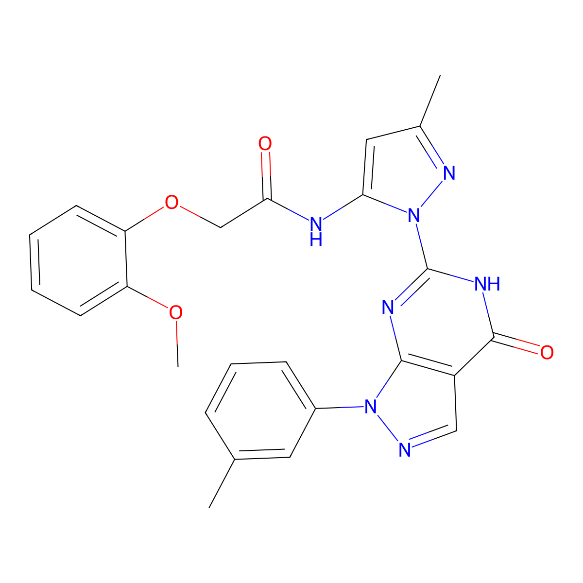 2-(2-methoxyphenoxy)-N-(3-methyl-1-(4-oxo-1-(m-tolyl)-4,5-dihydro-1H-pyrazolo[3,4-d]pyrimidin-6-yl)-1H-pyrazol-5-yl)acetamide molecular structure, CAS 1170031-88-5