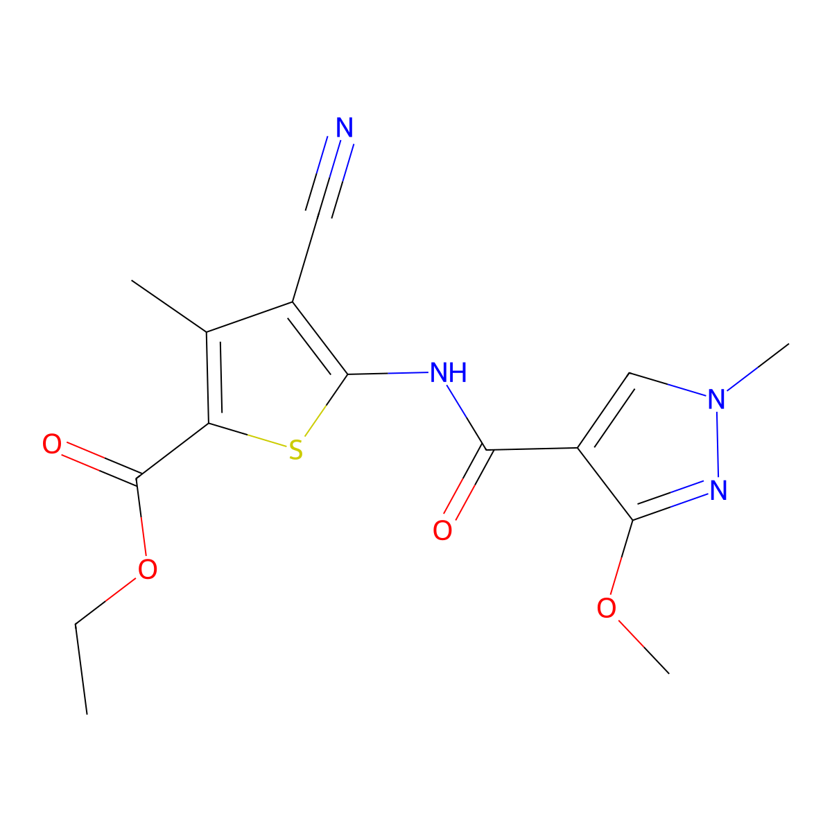 ethyl 4-cyano-5-(3-methoxy-1-methyl-1H-pyrazole-4-carboxamido)-3-methylthiophene-2-carboxylate molecular structure, CAS 1170033-03-0