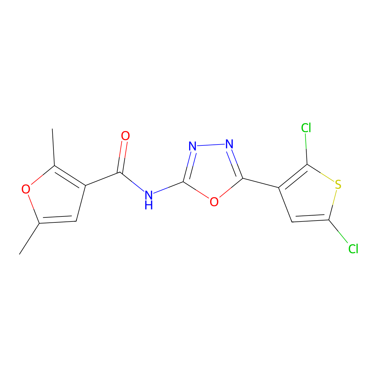 N-[5-(2,5-dichlorothiophen-3-yl)-1,3,4-oxadiazol-2-yl]-2,5-dimethylfuran-3-carboxamide molecular structure, CAS 1170033-98-3