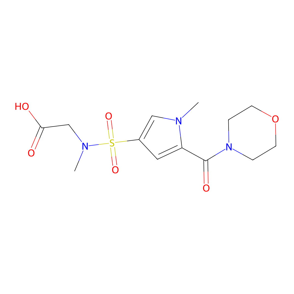 2-[N-methyl1-methyl-5-(morpholine-4-carbonyl)-1H-pyrrole-3-sulfonamido]acetic acid molecular structure, CAS 1170035-51-4