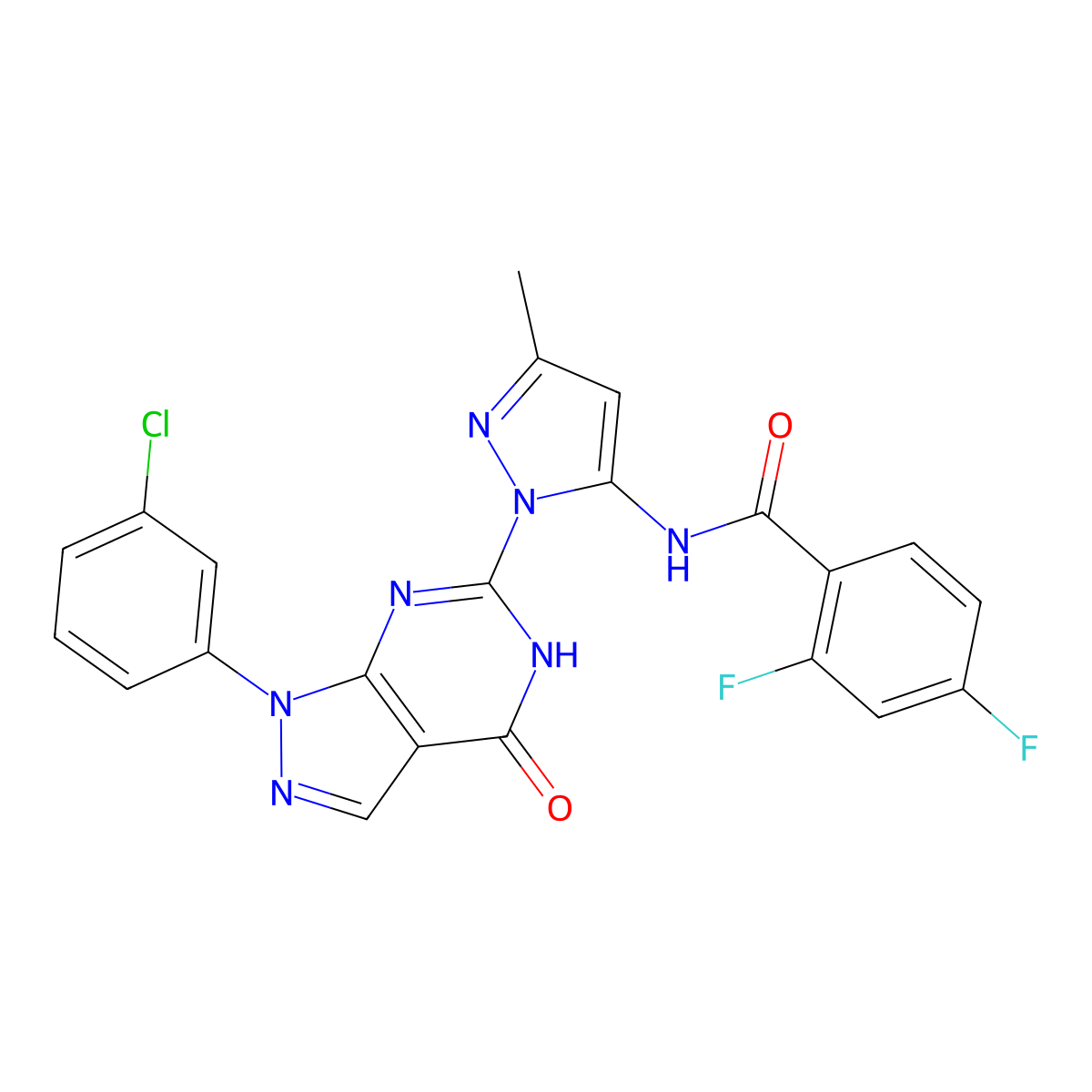 N-(1-(1-(3-chlorophenyl)-4-oxo-4,5-dihydro-1H-pyrazolo[3,4-d]pyrimidin-6-yl)-3-methyl-1H-pyrazol-5-yl)-2,4-difluorobenzamide molecular structure, CAS 1170035-79-6
