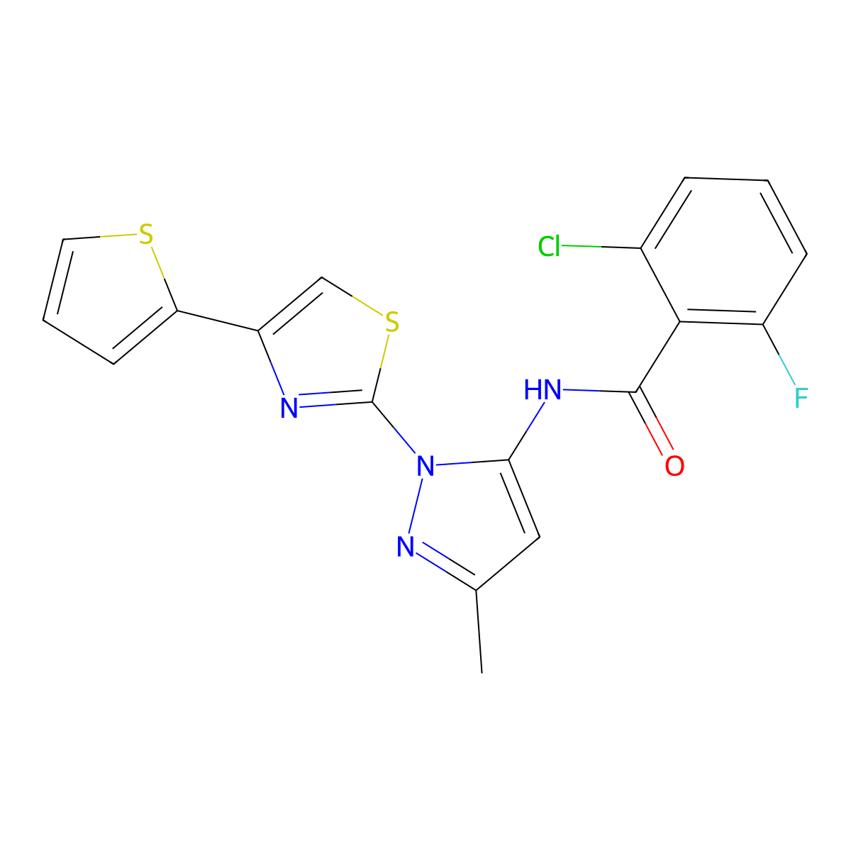 2-chloro-6-fluoro-N-(3-methyl-1-(4-(thiophen-2-yl)thiazol-2-yl)-1H-pyrazol-5-yl)benzamide molecular structure, CAS 1170037-34-9