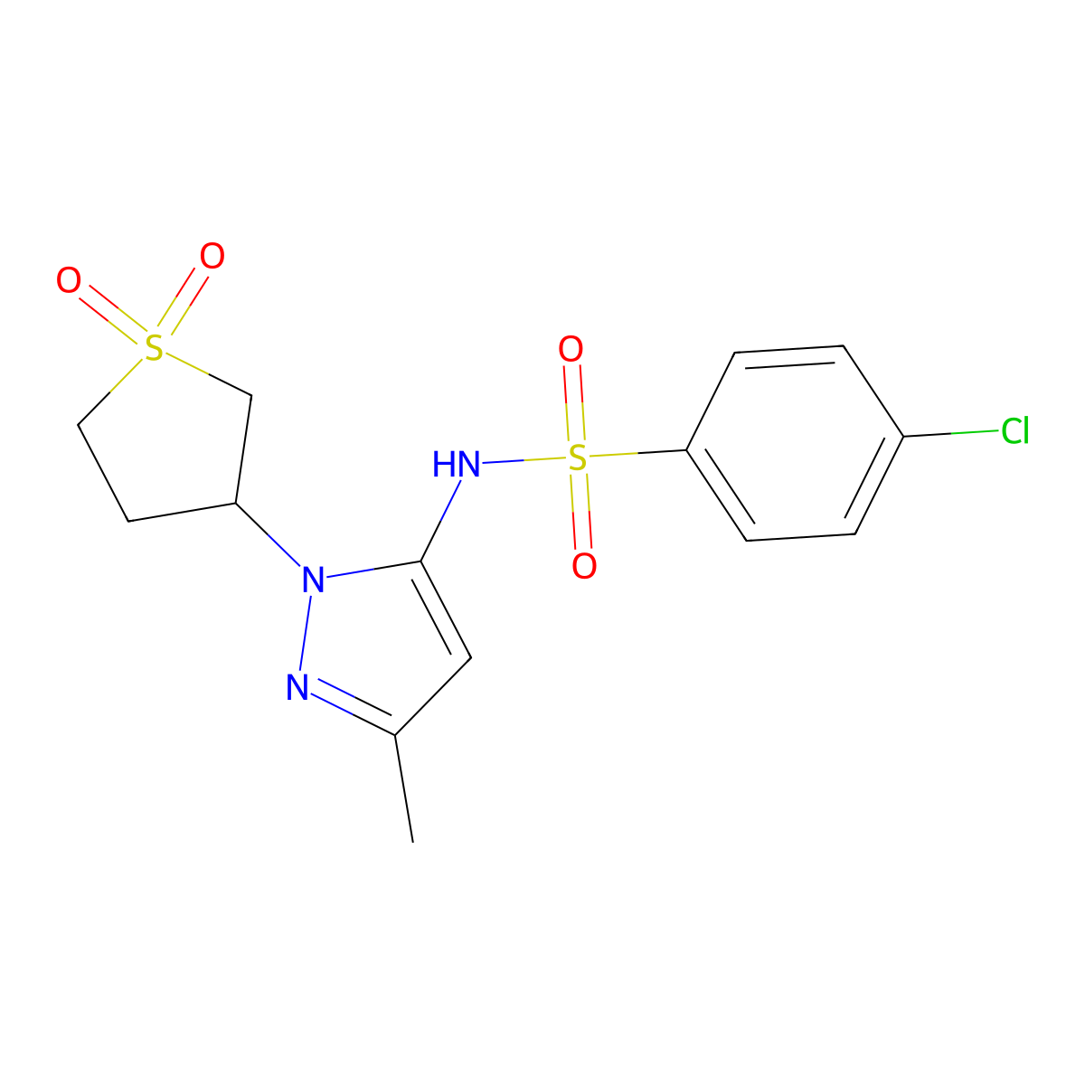 4-chloro-N-(1-(1,1-dioxidotetrahydrothiophen-3-yl)-3-methyl-1H-pyrazol-5-yl)benzenesulfonamide molecular structure, CAS 1170037-99-6