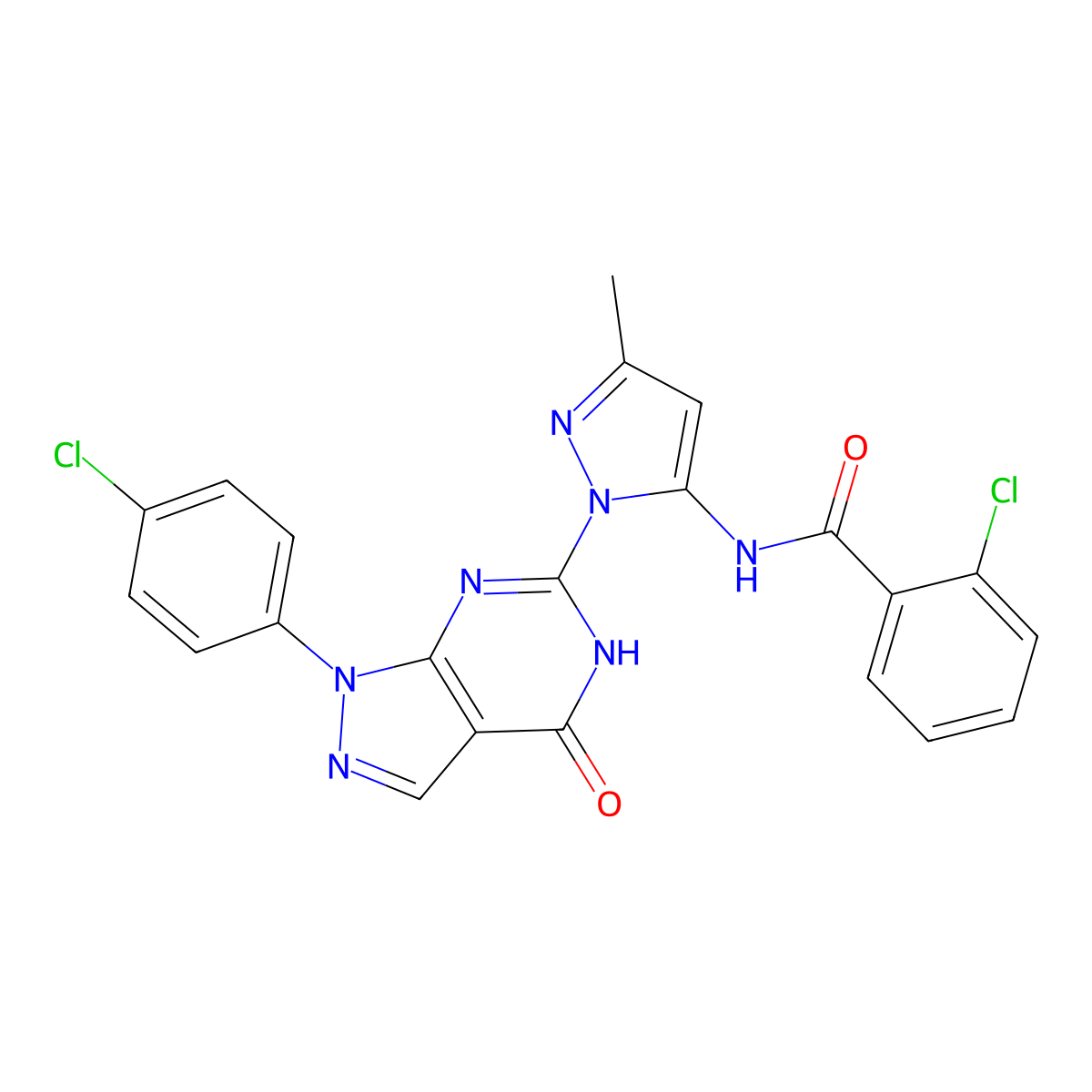 2-chloro-N-(1-(1-(4-chlorophenyl)-4-oxo-4,5-dihydro-1H-pyrazolo[3,4-d]pyrimidin-6-yl)-3-methyl-1H-pyrazol-5-yl)benzamide molecular structure, CAS 1170039-20-9