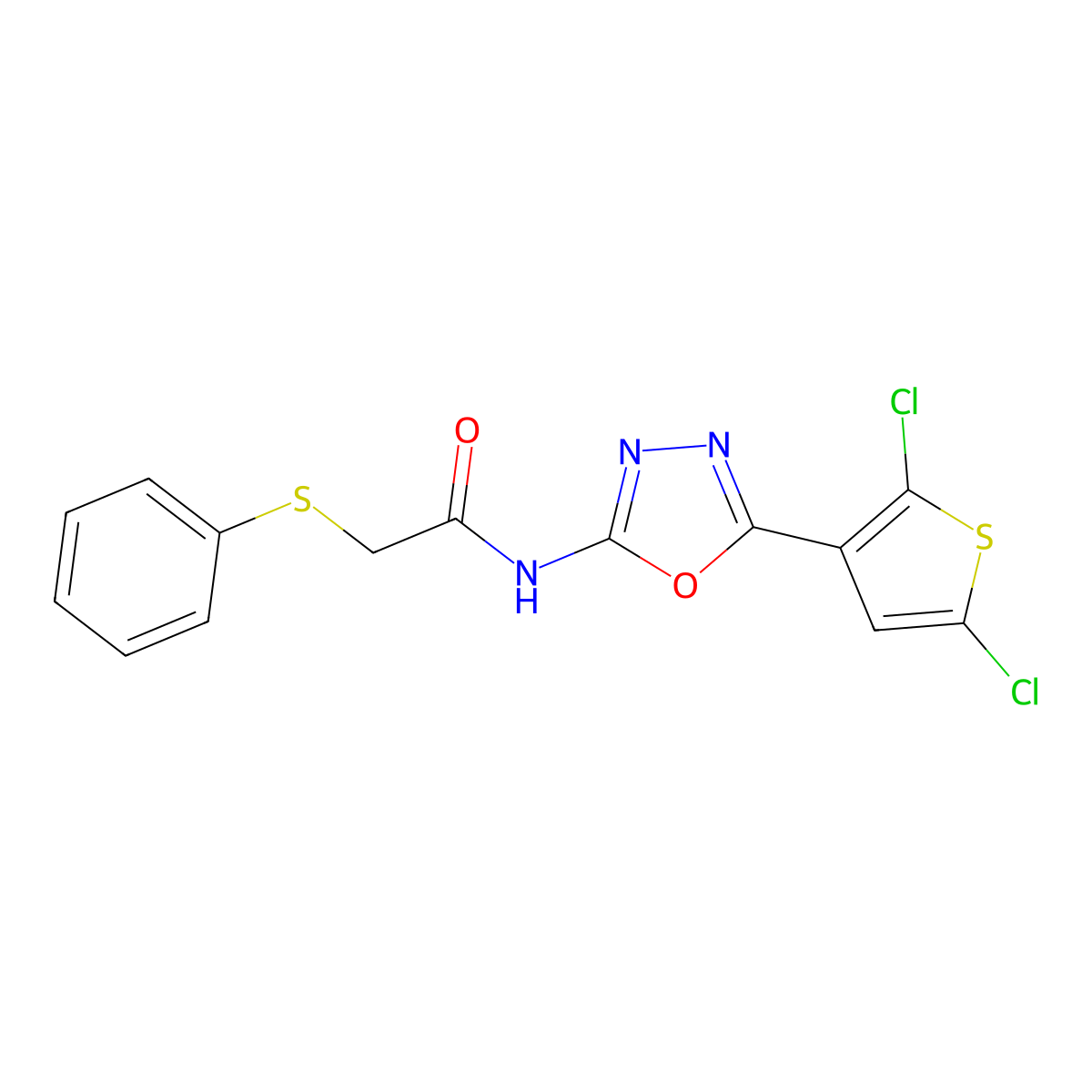 N-(5-(2,5-dichlorothiophen-3-yl)-1,3,4-oxadiazol-2-yl)-2-(phenylthio)acetamide molecular structure, CAS 1170039-23-2