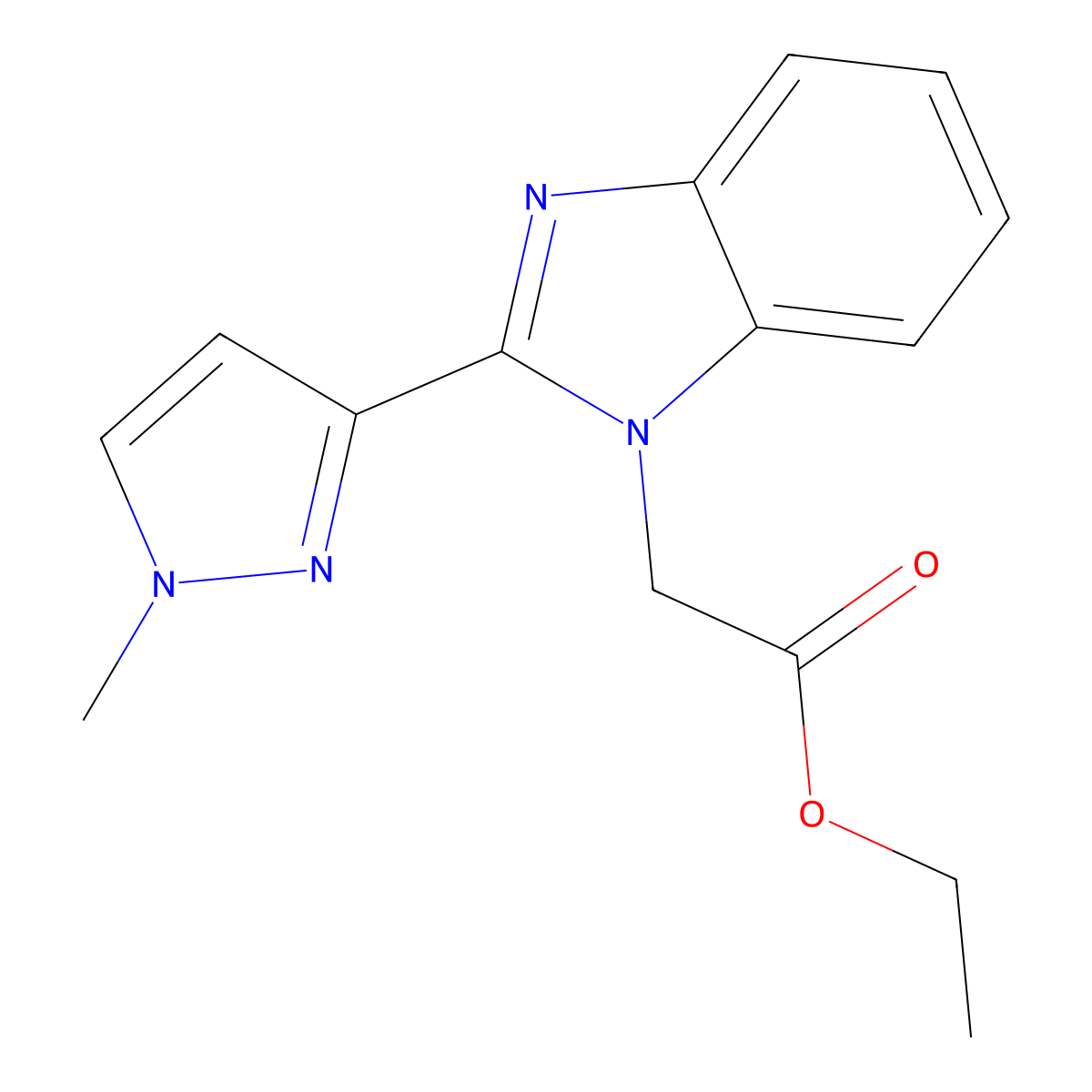 Ethyl 2-(2-(1-methyl-1H-pyrazol-3-yl)-1H-benzo[d]imidazol-1-yl)acetate molecular structure, CAS 1170039-98-1