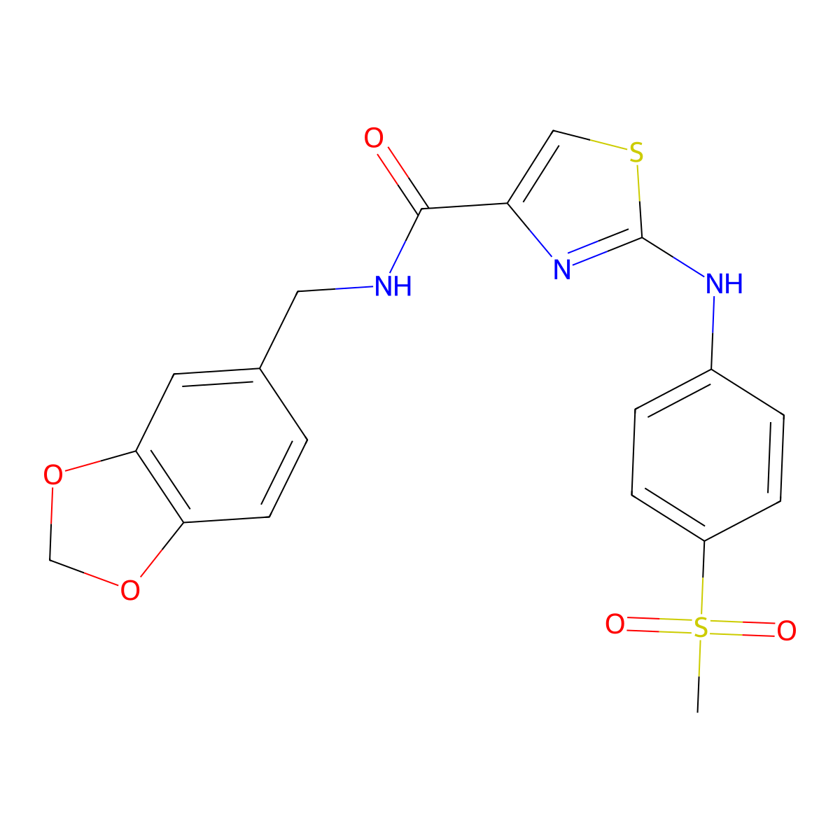 N-(benzo[d][1,3]dioxol-5-ylmethyl)-2-((4-(methylsulfonyl)phenyl)amino)thiazole-4-carboxamide molecular structure, CAS 1170041-55-0