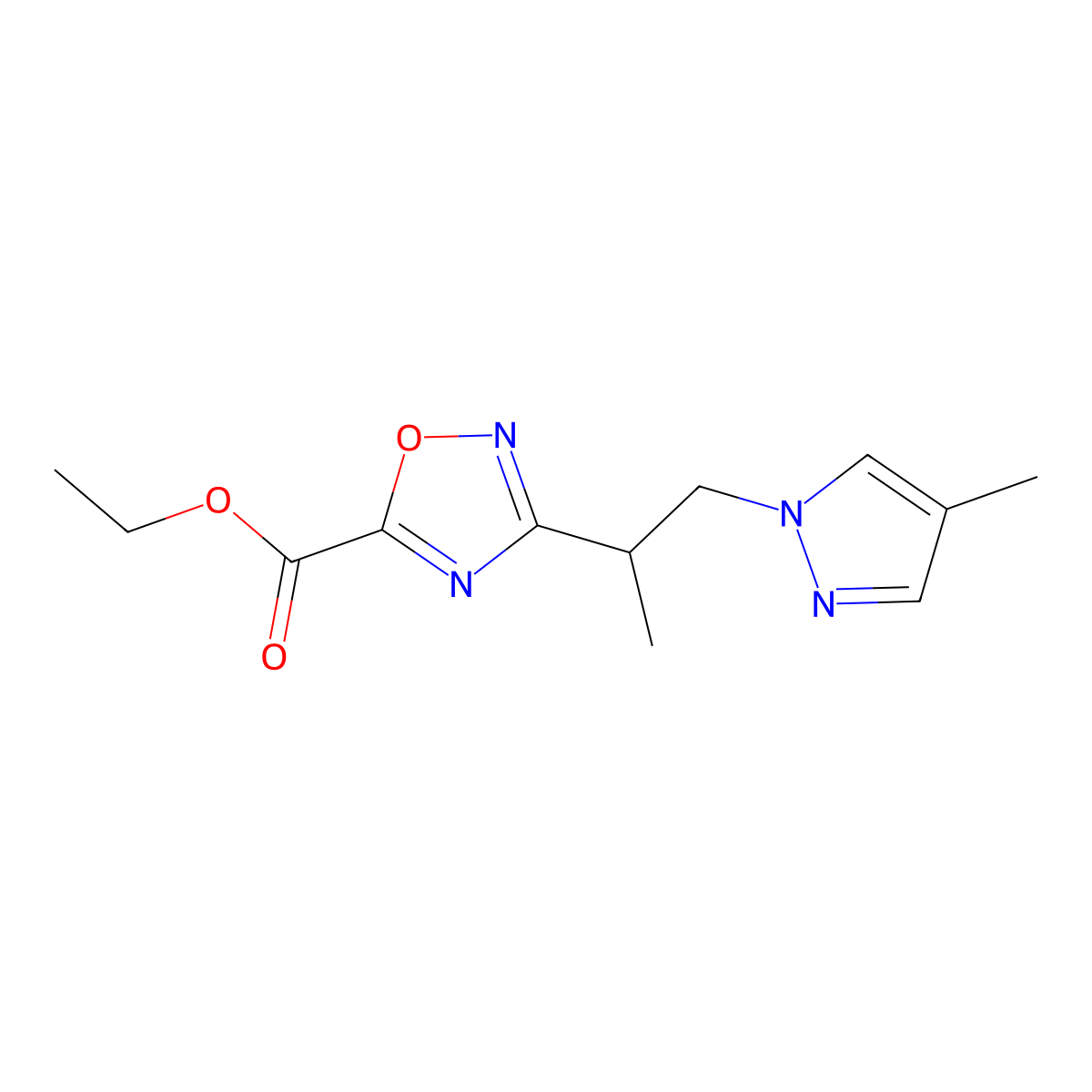 Ethyl 3-(1-(4-methyl-1H-pyrazol-1-yl)propan-2-yl)-1,2,4-oxadiazole-5-carboxylate molecular structure, CAS 1170042-55-3