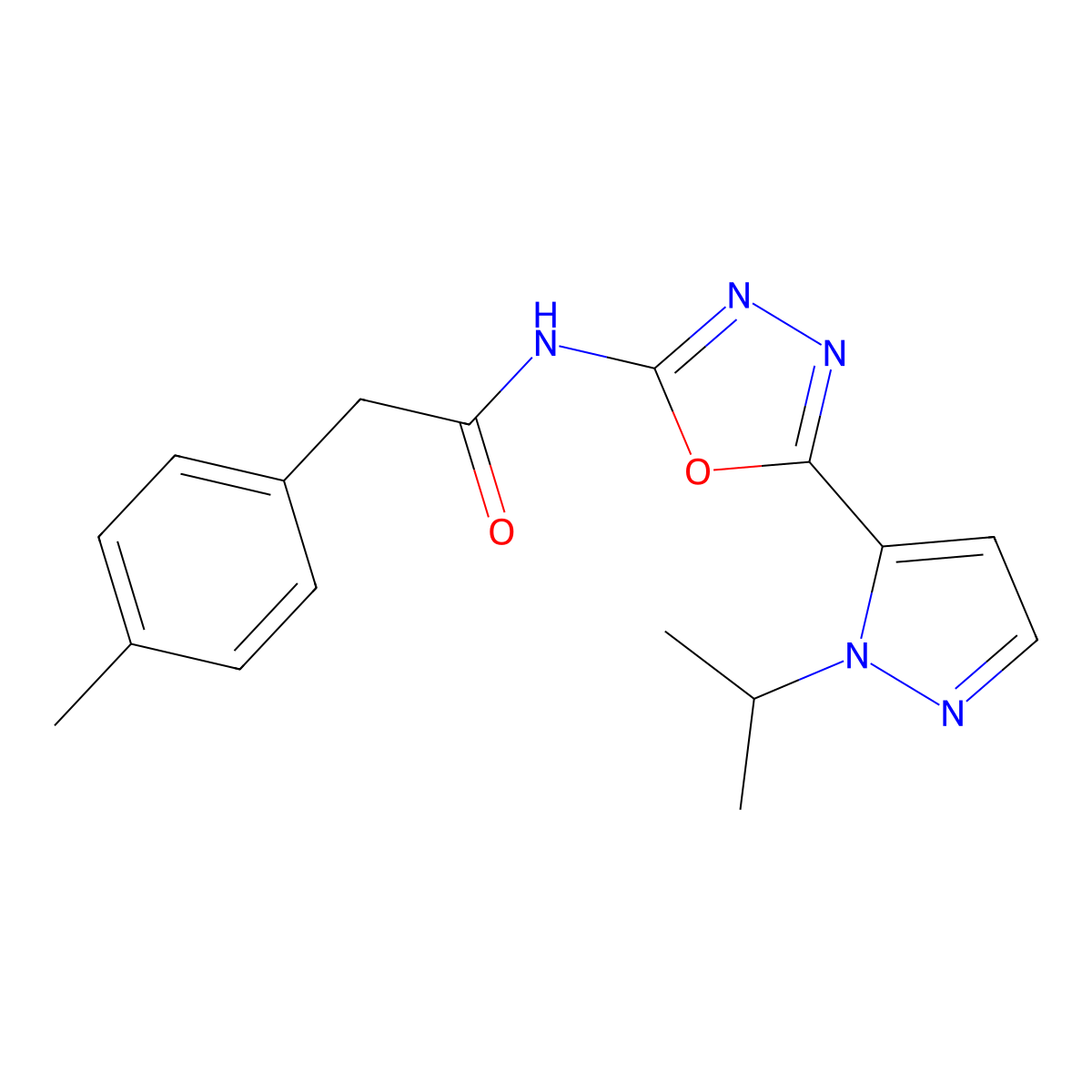 N-(5-(1-isopropyl-1H-pyrazol-5-yl)-1,3,4-oxadiazol-2-yl)-2-(p-tolyl)acetamide molecular structure, CAS 1170043-70-5