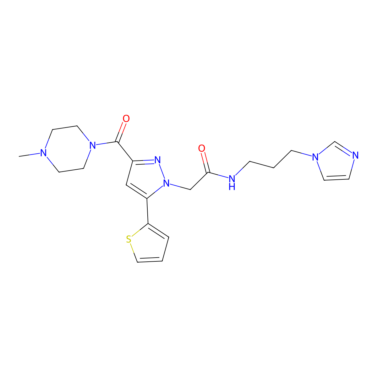 N-(3-(1H-imidazol-1-yl)propyl)-2-(3-(4-methylpiperazine-1-carbonyl)-5-(thiophen-2-yl)-1H-pyrazol-1-yl)acetamide molecular structure, CAS 1170045-50-7