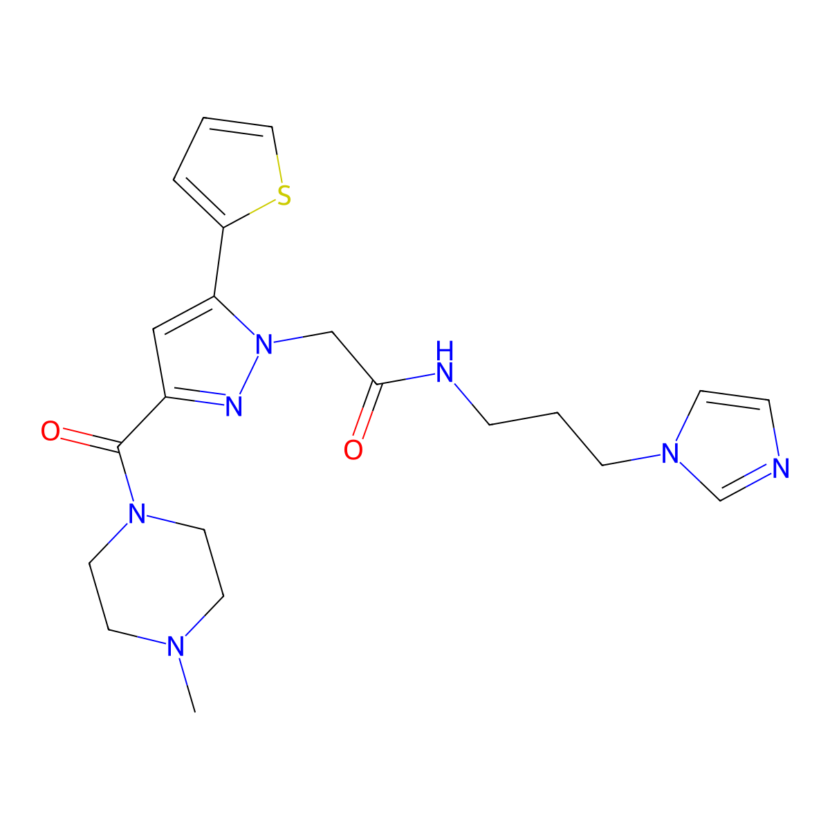 N-(3-(1H-imidazol-1-yl)propyl)-2-(3-(4-methylpiperazine-1-carbonyl)-5-(thiophen-2-yl)-1H-pyrazol-1-yl)acetamide molecular structure, CAS 1170045-50-7