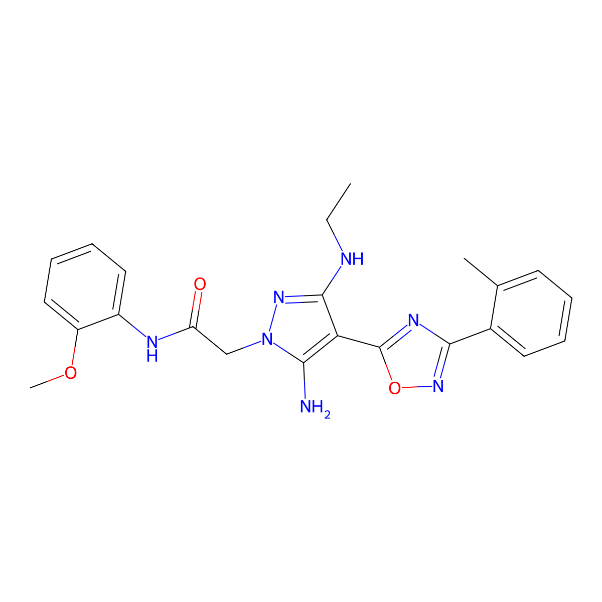 2-(5-amino-3-(ethylamino)-4-(3-(o-tolyl)-1,2,4-oxadiazol-5-yl)-1H-pyrazol-1-yl)-N-(2-methoxyphenyl)acetamide molecular structure, CAS 1170046-63-5