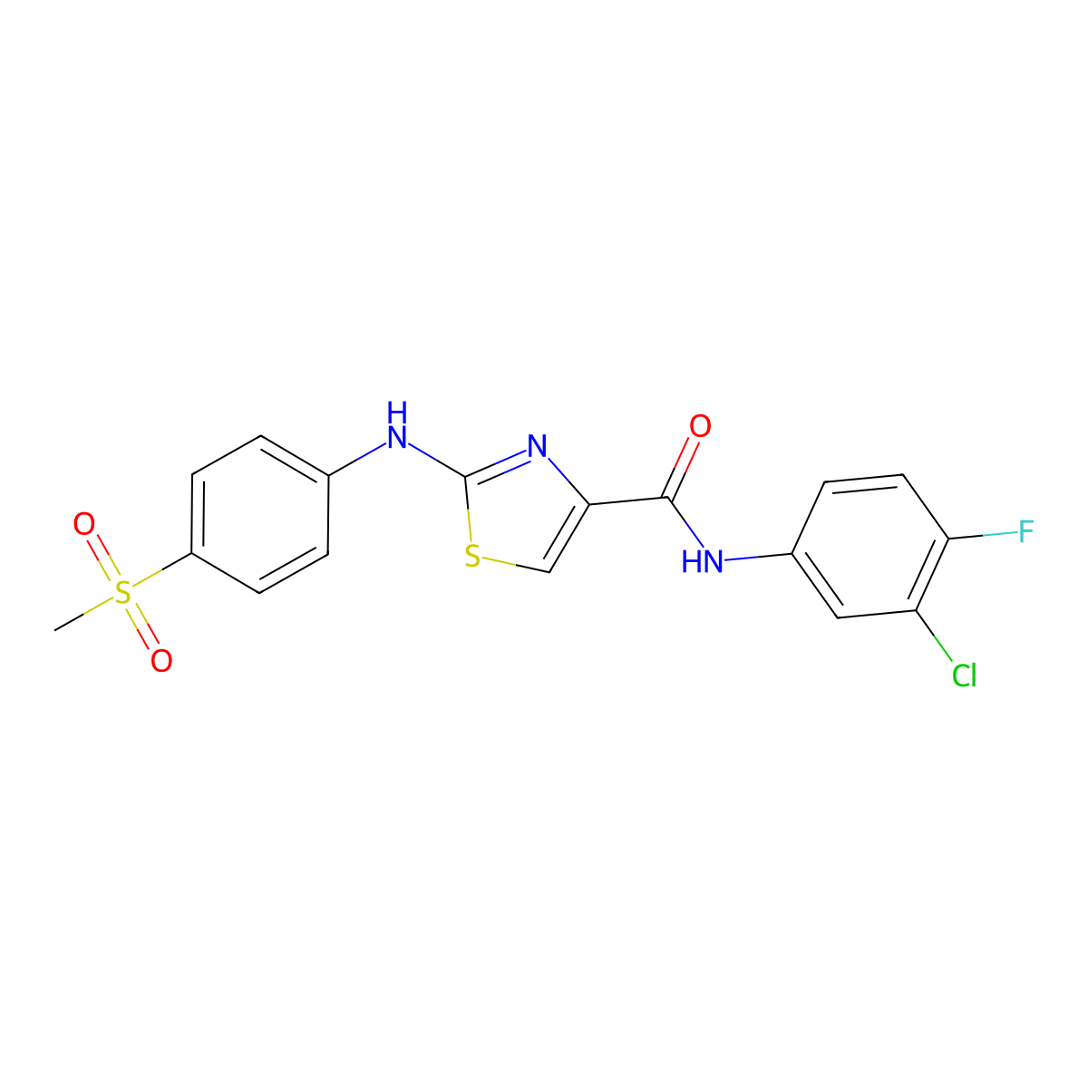 N-(3-chloro-4-fluorophenyl)-2-((4-(methylsulfonyl)phenyl)amino)thiazole-4-carboxamide molecular structure, CAS 1170047-69-4