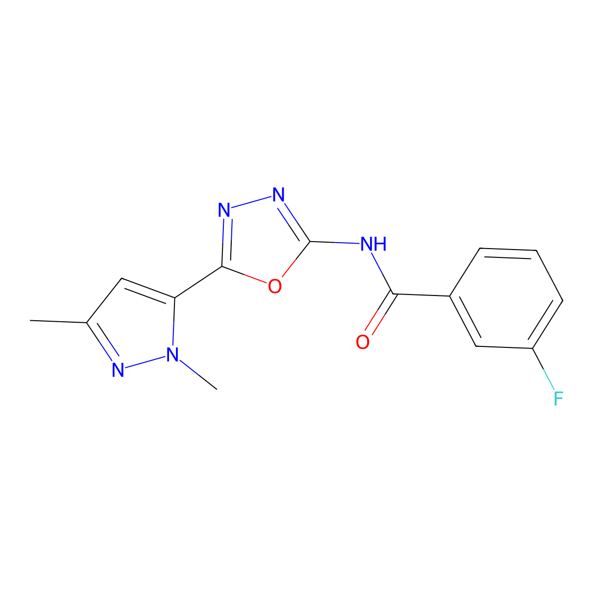 N-[5-(1,3-dimethyl-1H-pyrazol-5-yl)-1,3,4-oxadiazol-2-yl]-3-fluorobenzamide molecular structure, CAS 1170049-33-8
