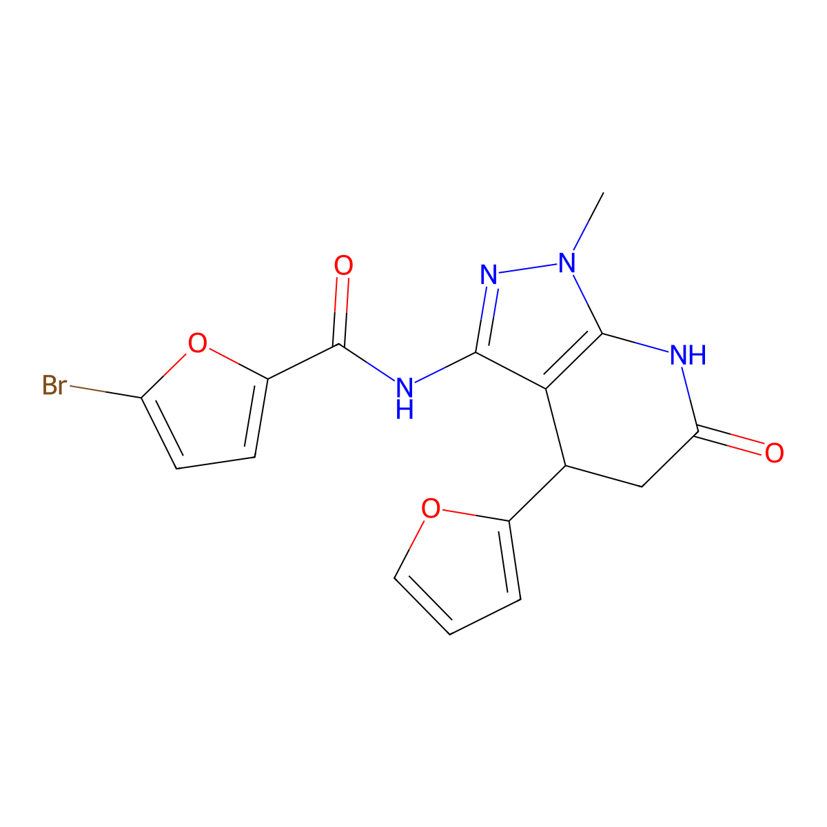 5-bromo-N-(4-(furan-2-yl)-1-methyl-6-oxo-4,5,6,7-tetrahydro-1H-pyrazolo[3,4-b]pyridin-3-yl)furan-2-carboxamide molecular structure, CAS 1170050-37-9