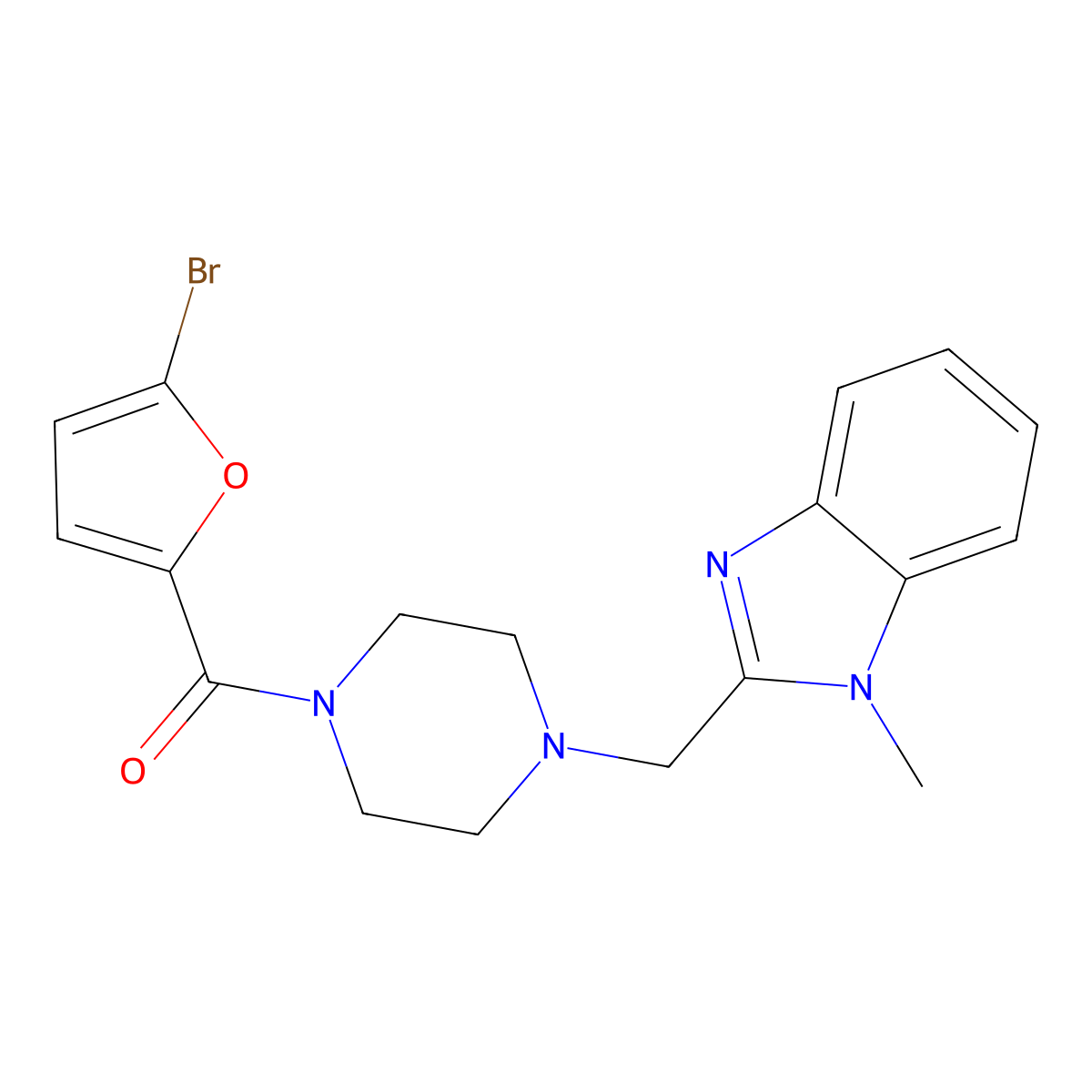 (5-bromofuran-2-yl)(4-((1-methyl-1H-benzo[d]imidazol-2-yl)methyl)piperazin-1-yl)methanone molecular structure, CAS 1170050-84-6
