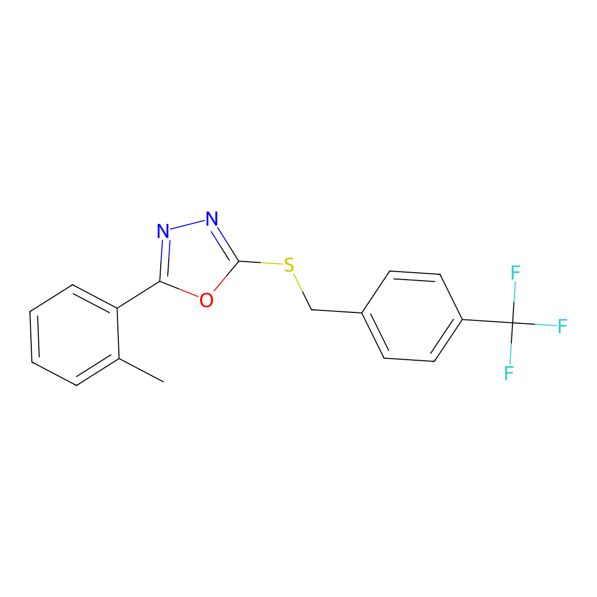 2-(o-Tolyl)-5-((4-(trifluoromethyl)benzyl)thio)-1,3,4-oxadiazole molecular structure, CAS 1170054-26-8