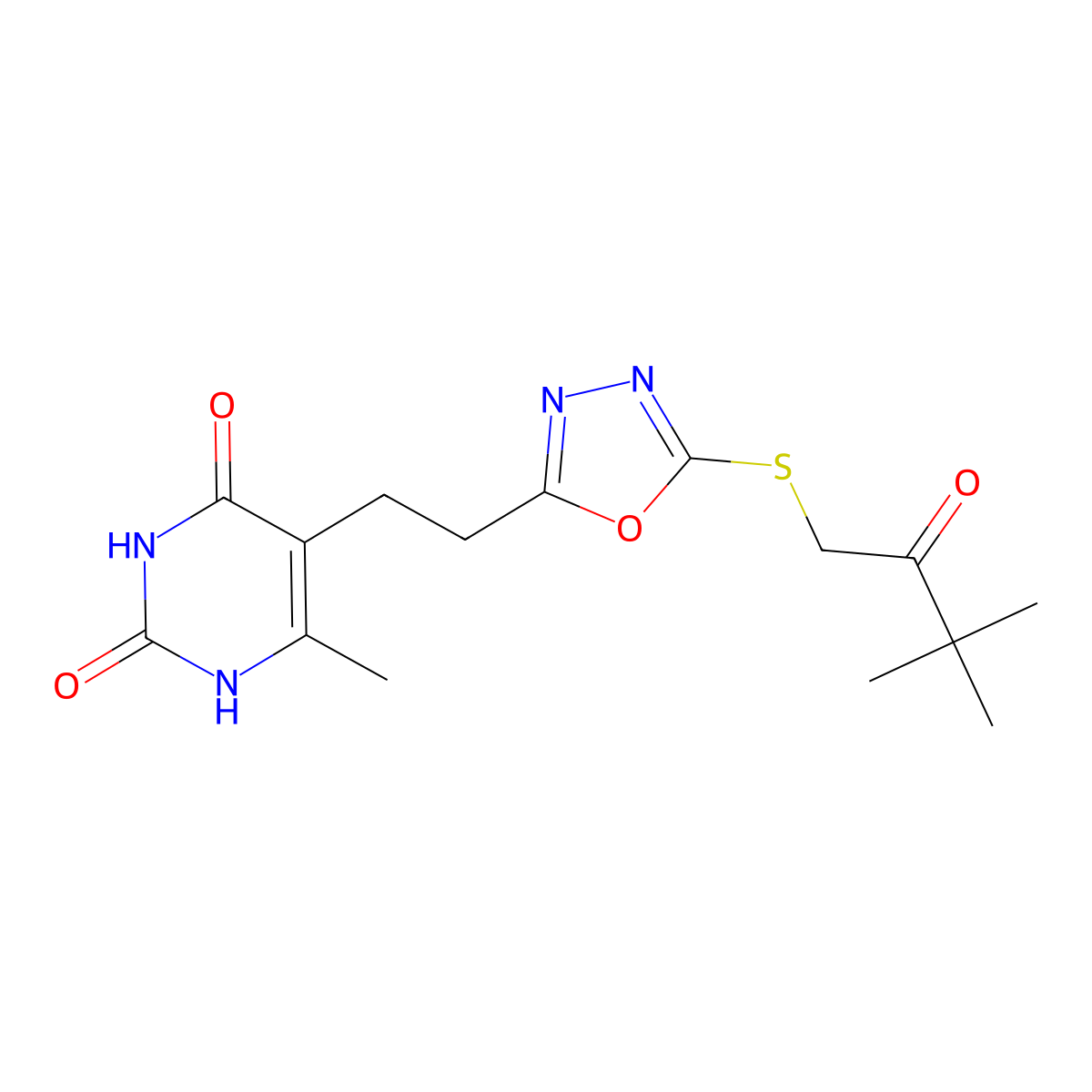 5-(2-(5-((3,3-dimethyl-2-oxobutyl)thio)-1,3,4-oxadiazol-2-yl)ethyl)-6-methylpyrimidine-2,4(1H,3H)-dione molecular structure, CAS 1170055-71-6