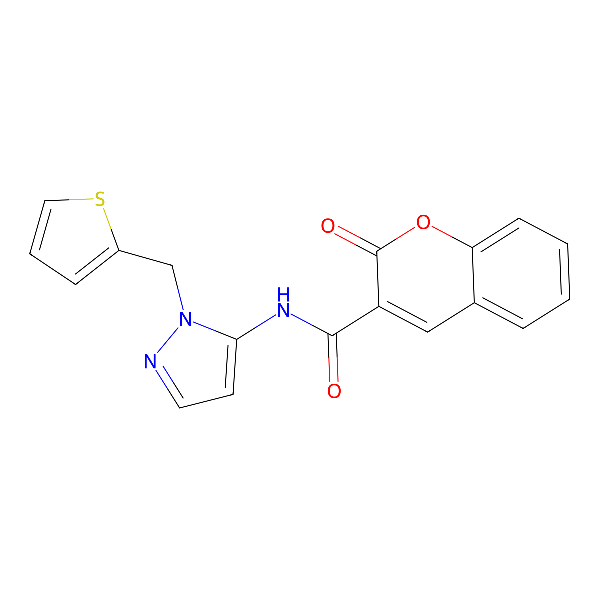 2-oxo-N-[1-(thiophen-2-ylmethyl)-1H-pyrazol-5-yl]-2H-chromene-3-carboxamide molecular structure, CAS 1170057-18-7