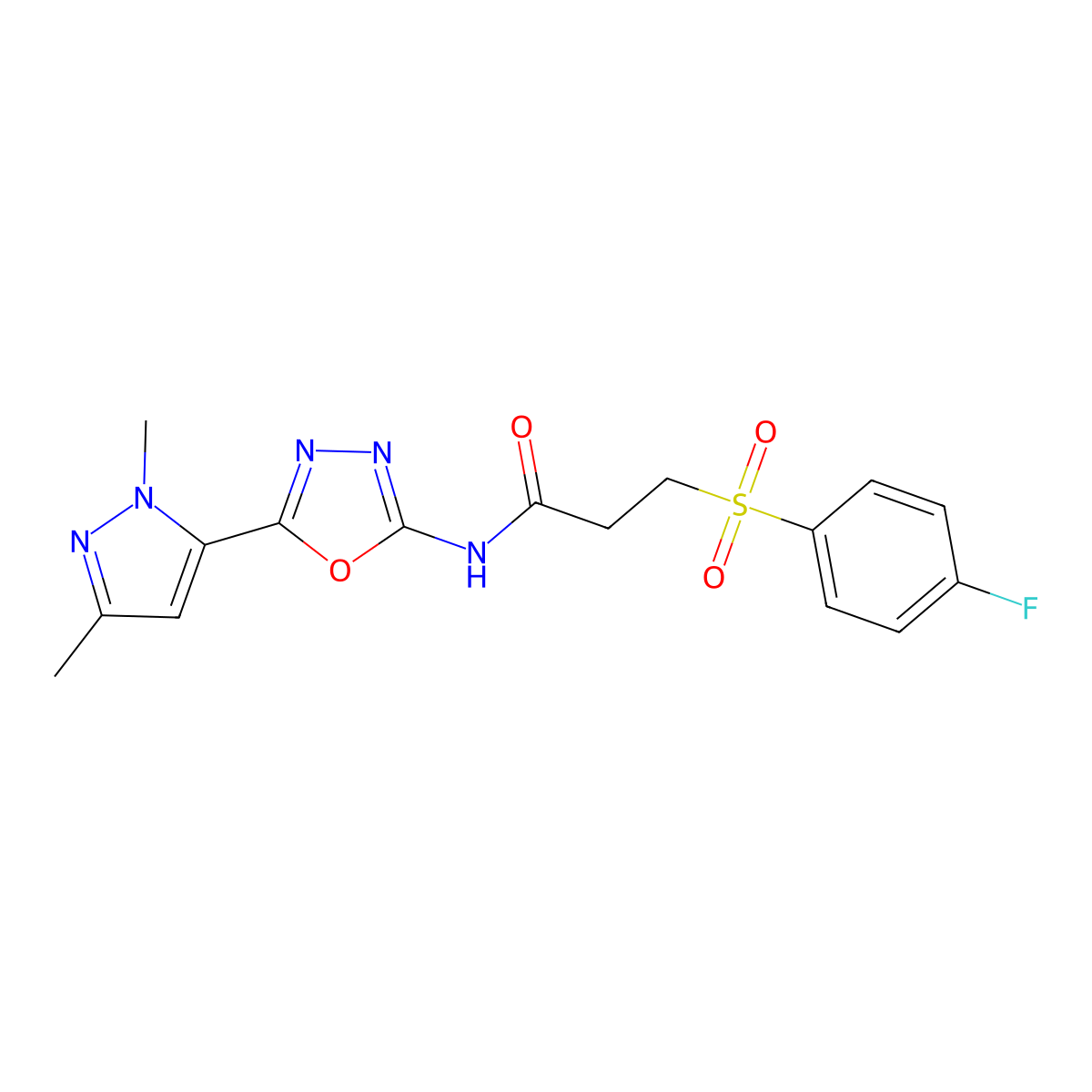 N-(5-(1,3-dimethyl-1H-pyrazol-5-yl)-1,3,4-oxadiazol-2-yl)-3-((4-fluorophenyl)sulfonyl)propanamide molecular structure, CAS 1170057-36-9