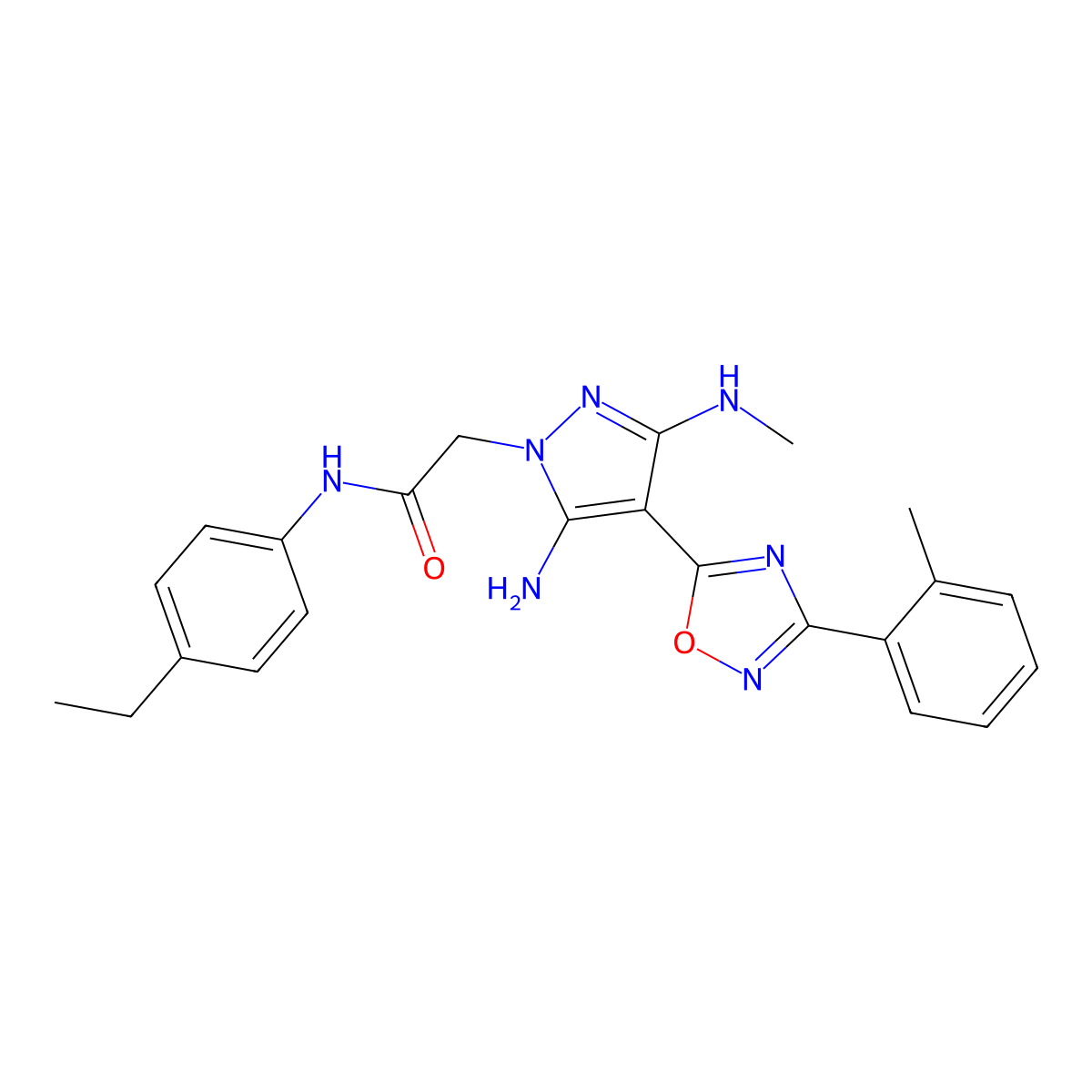 2-(5-amino-3-(methylamino)-4-(3-(o-tolyl)-1,2,4-oxadiazol-5-yl)-1H-pyrazol-1-yl)-N-(4-ethylphenyl)acetamide molecular structure, CAS 1170057-52-9